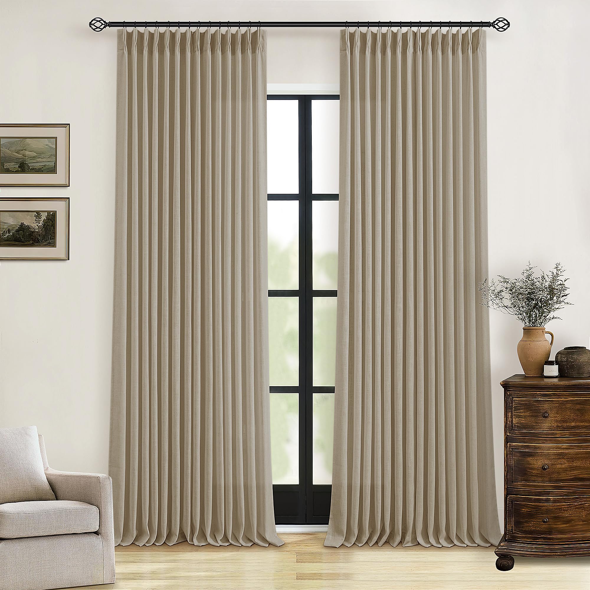 Pinch Pleated Linen Curtains 108 Inches Long for Living Room 2 Panels Set Cream Ivory Flax Double Pleated Drapes Back Tab Neutral Boho Ceiling Floor 108 Inch Window Curtains Bedroom Natural Birch