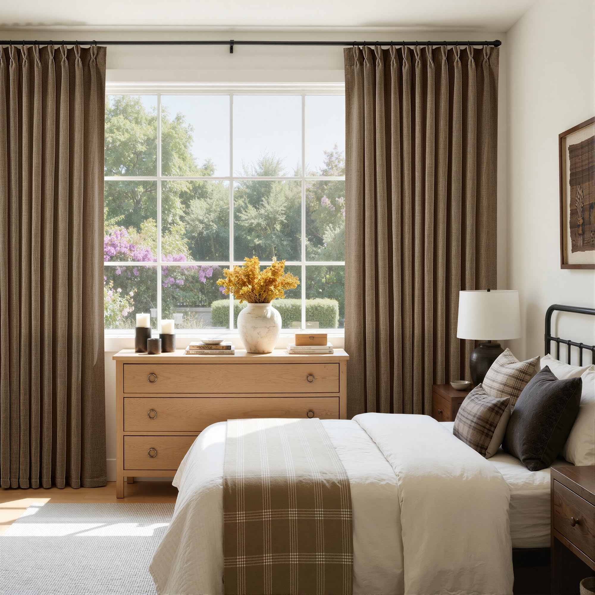 Pinch Pleated Linen Curtains 108 Inches Long for Living Room 2 Panels Set Cream Ivory Flax Double Pleated Drapes Back Tab Neutral Boho Ceiling Floor 108 Inch Window Curtains Bedroom Natural Birch