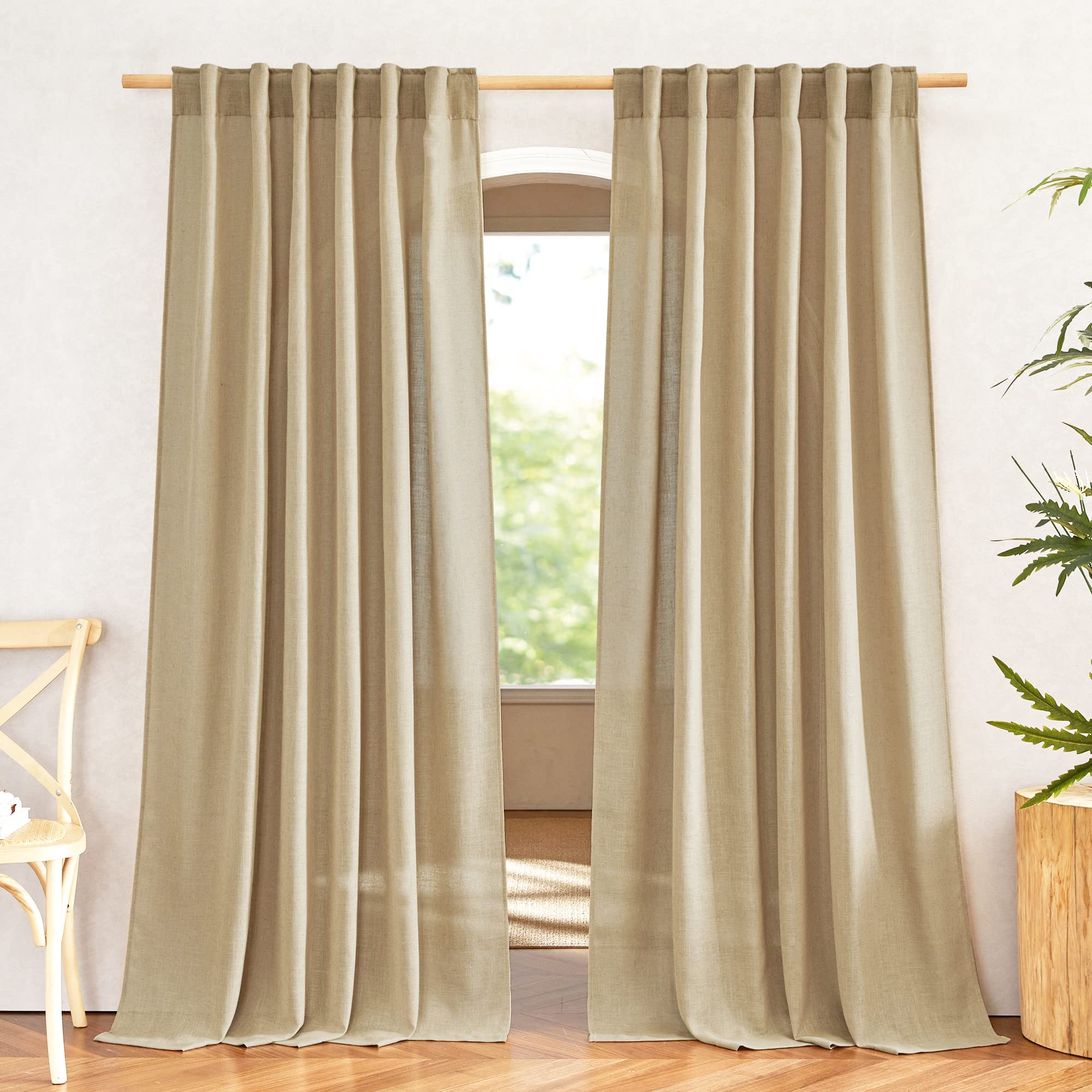 NICETOWN 120 inch Curtains Linen Blend for Bedroom, Rod Pocket & Back Tab Natural Linen Burlap Semi Sheer Window Treatments Privacy with Light Filtering for Living Room, W52 x L120, 2 Panels