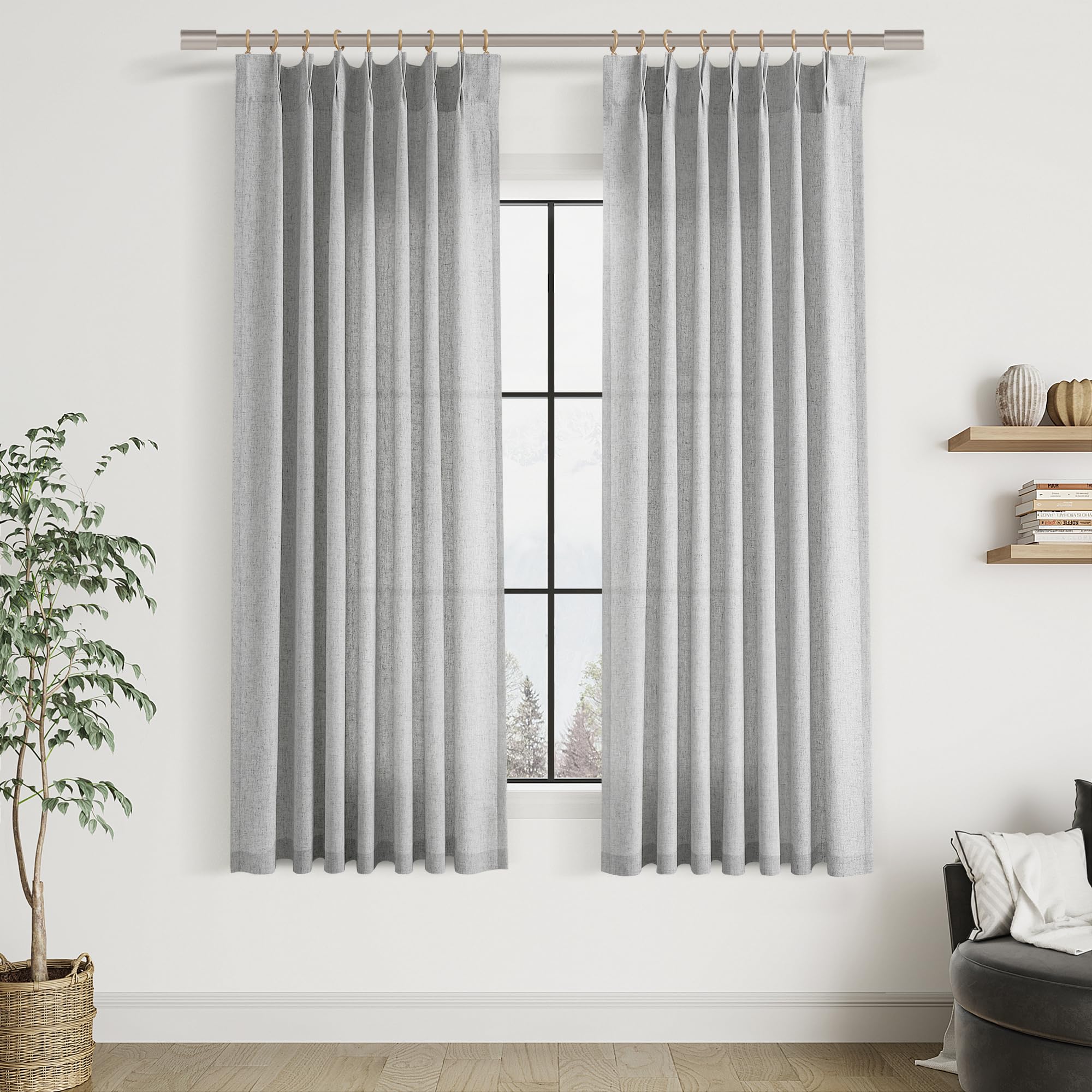 Extra Long Linen Curtains 108 Inch for Living Room Cream Pinch Pleated 9 FT Drapes Semi Sheer Ceiling to Floor Curtain for Bedroom Back Tab Flax Neutral Boho Decor Window, Natural Beige Ivory 2 Panels
