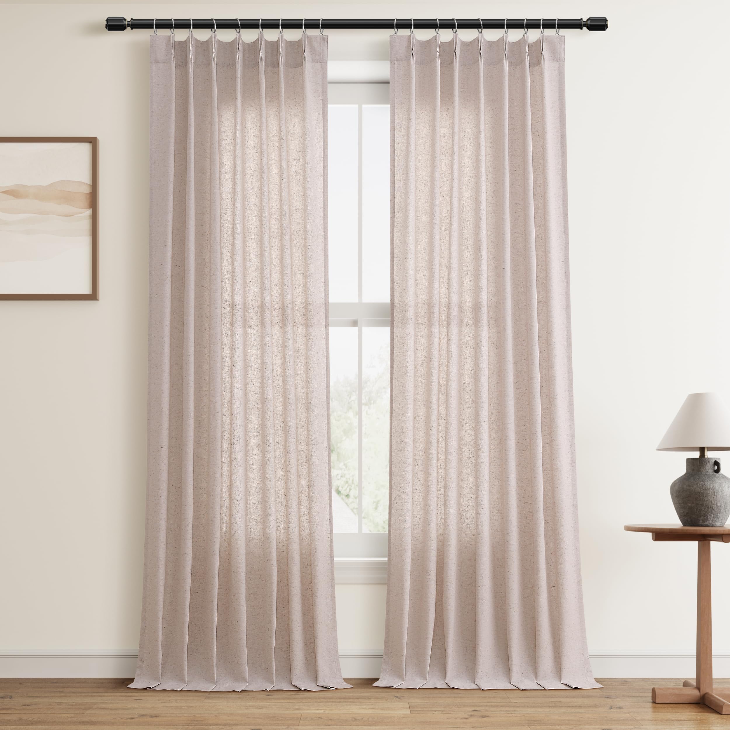 Extra Long Linen Curtains 108 Inch for Living Room Cream Pinch Pleated 9 FT Drapes Semi Sheer Ceiling to Floor Curtain for Bedroom Back Tab Flax Neutral Boho Decor Window, Natural Beige Ivory 2 Panels