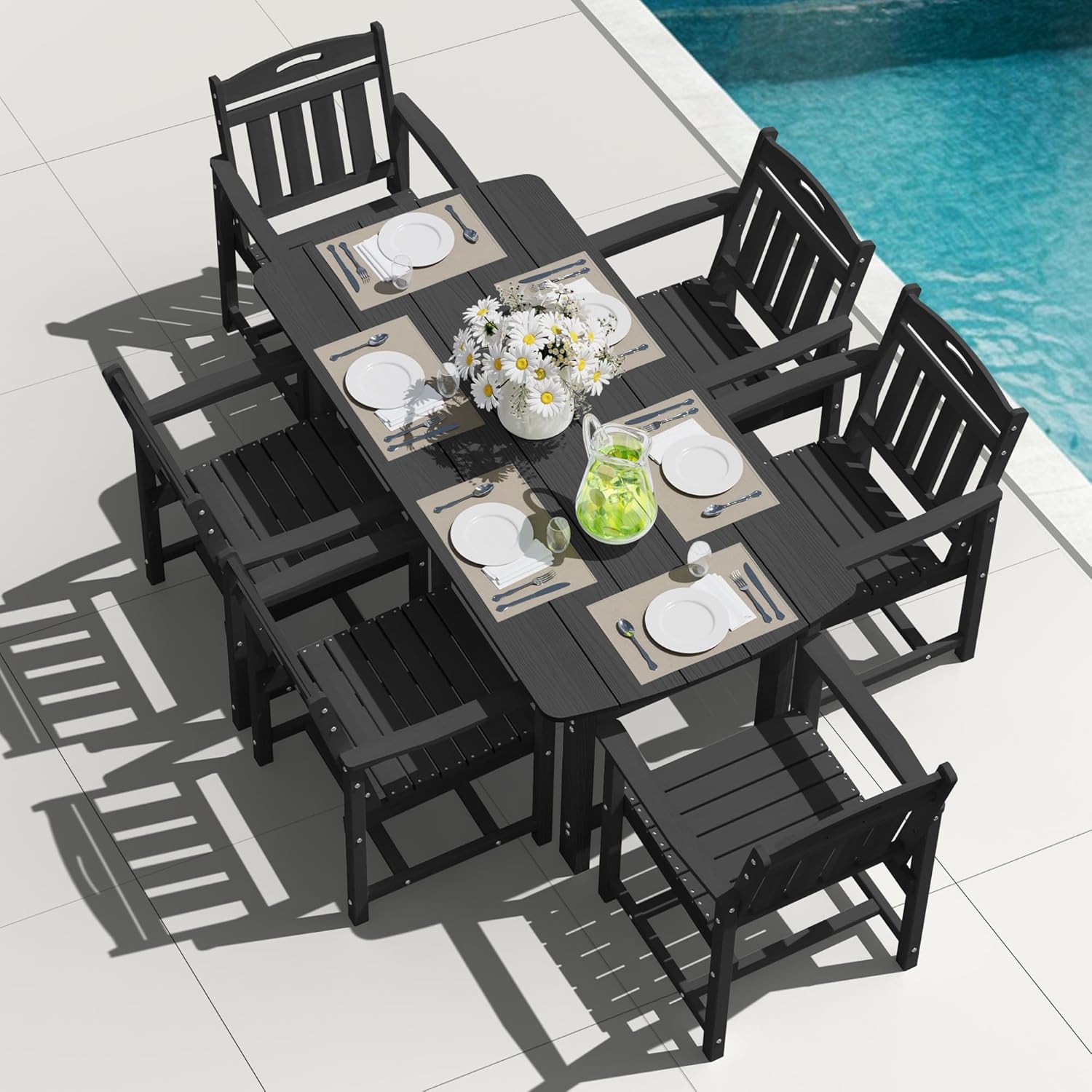 HDPE Outdoor Dining Set, Patio Table and Chairs Set, All-Weather 7-Piece Outside Table and 6 Chairs, 2" Umbrella Hole, Outdoor Furniture for Garden, Poolside, Backyard, Deck | Black