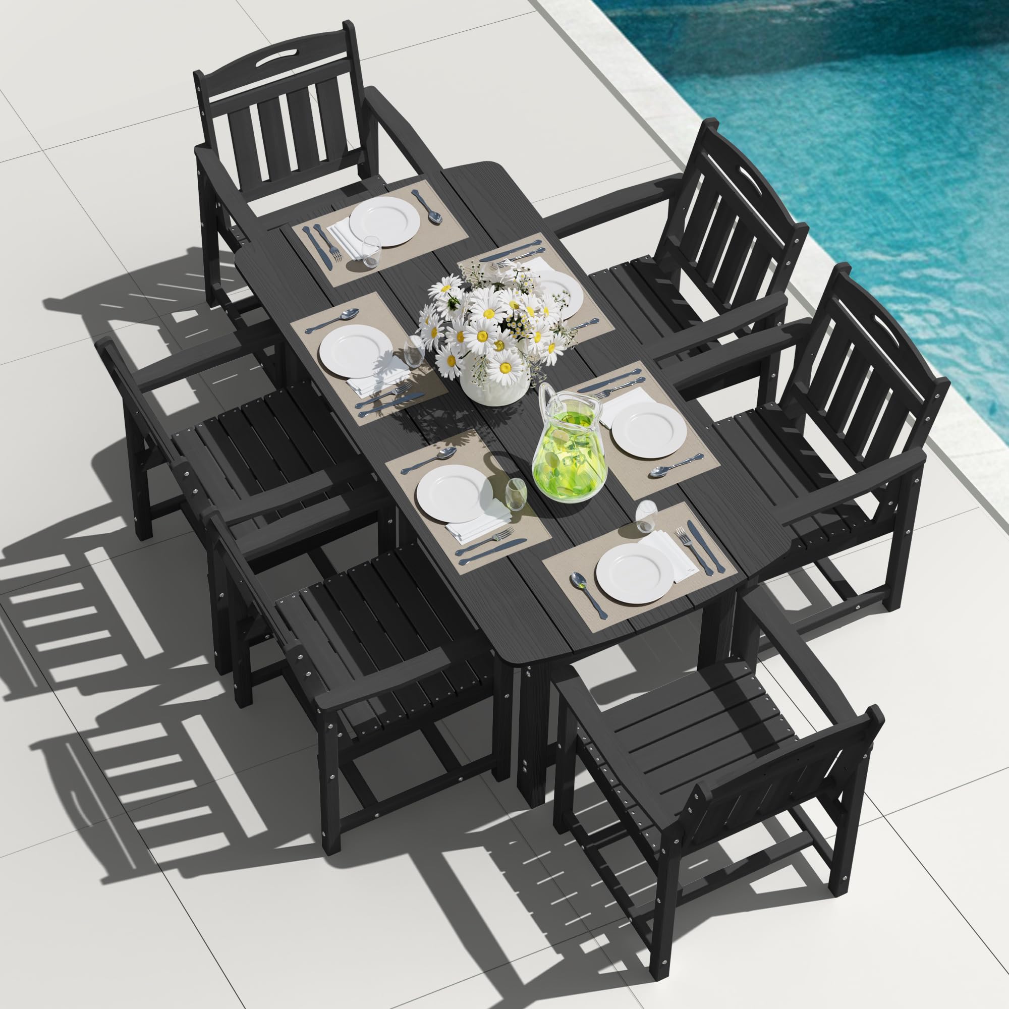 HDPE Outdoor Dining Set, Patio Table and Chairs Set, All-Weather 7-Piece Outside Table and 6 Chairs, 2" Umbrella Hole, Outdoor Furniture for Garden, Poolside, Backyard, Deck | Black