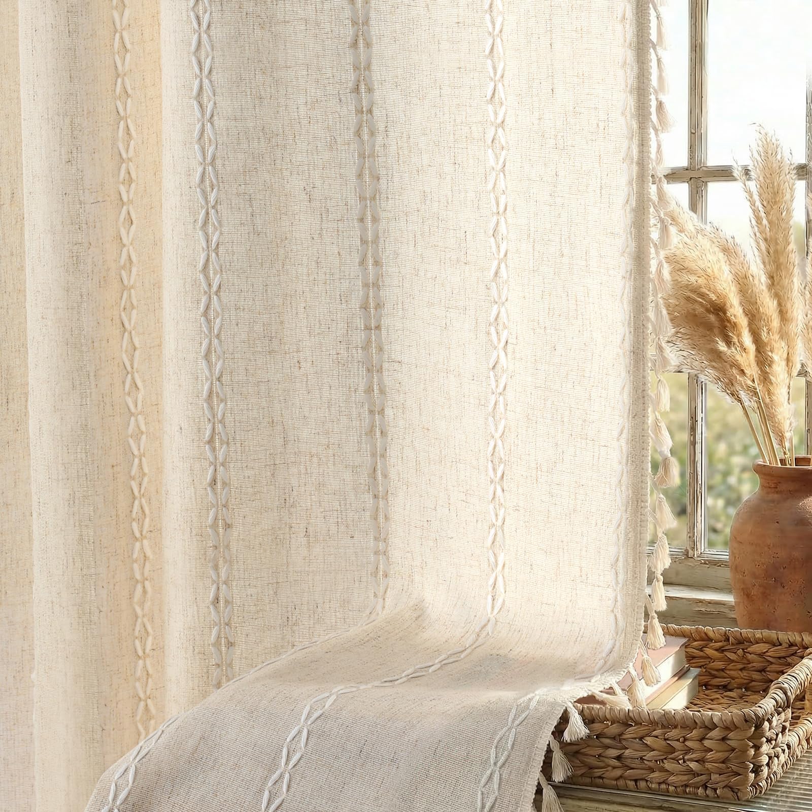 Boho Blackout Curtains 2 Panels 84 Inch for Living Room Bedroom, Beige Linen Texture Farmhouse Curtains with Tassels and Cotton Embroidery Vintage Rustic Western Rod Pocket
