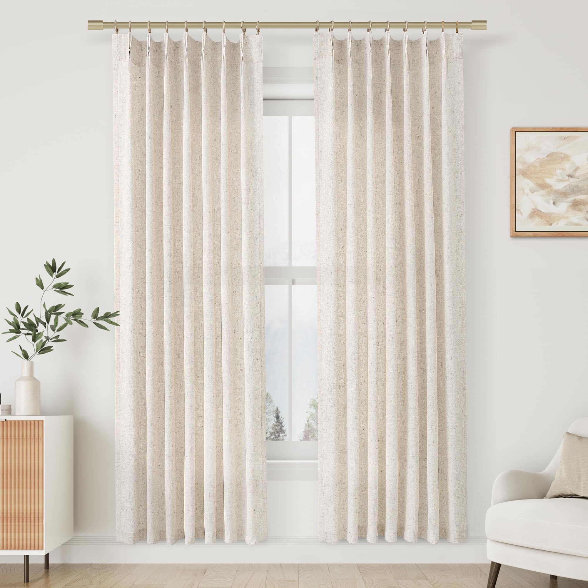 Extra Long Linen Curtains 108 Inch for Living Room Cream Pinch Pleated 9 FT Drapes Semi Sheer Ceiling to Floor Curtain for Bedroom Back Tab Flax Neutral Boho Decor Window, Natural Beige Ivory 2 Panels