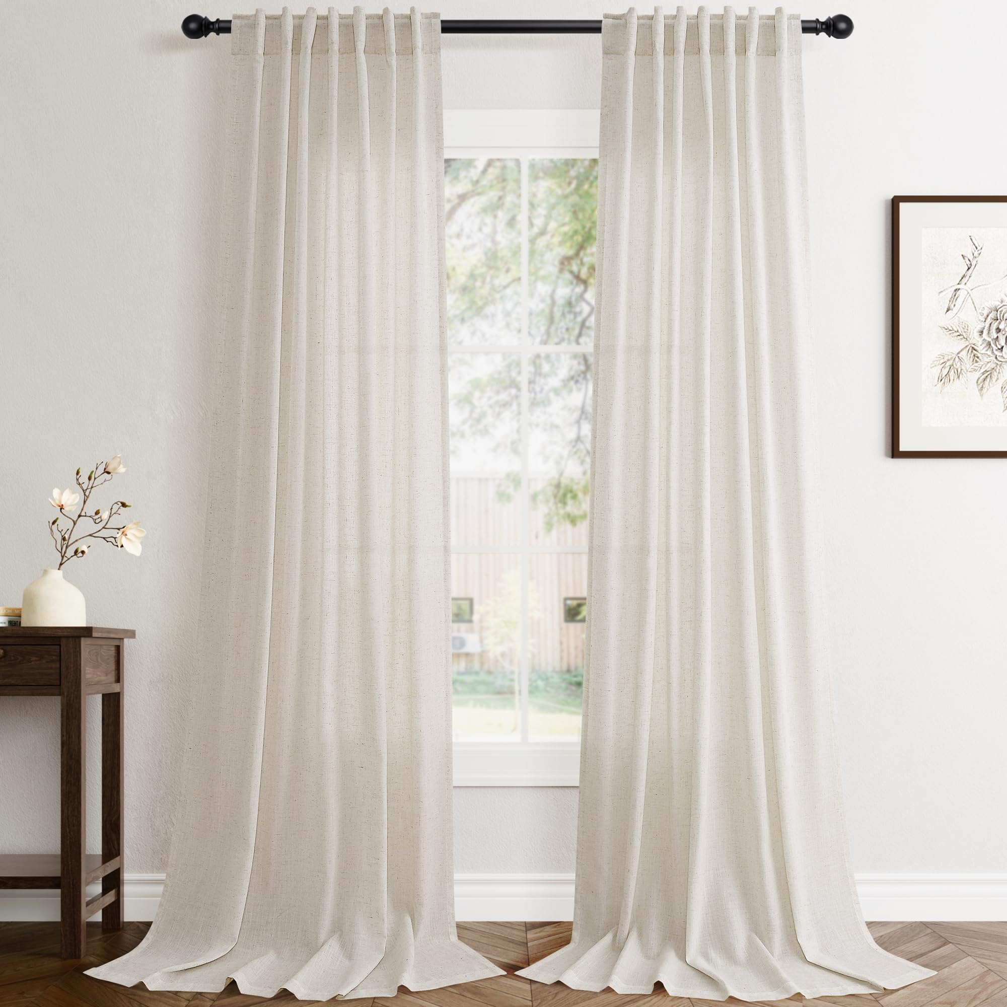 Flax Linen Beige Curtains 96 inches Long 2 Panel for Living Room Back Tab Pocket Drapes Semi Sheer Privacy Khaki Window Curtain Country Rustic Farmhouse Cloth Curtain for Dinning Room Tan
