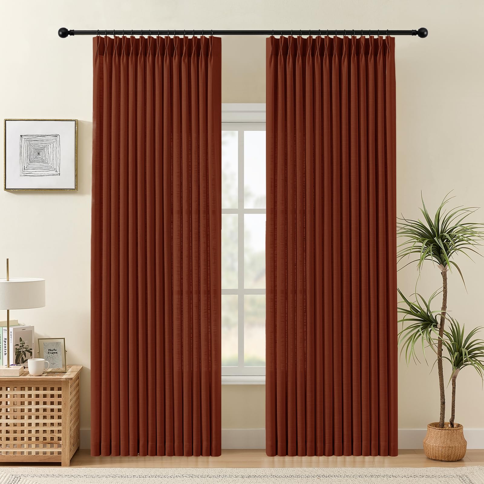 Pinch Pleated Linen Curtains 84 Inch Length 2 Panels Set, Light Filtering Linen Blend Sheer Drapes Memory Trained Pleated Curtain Back Tab with Hooks Rings for Living Room Bedroom, Natural, W40xL84