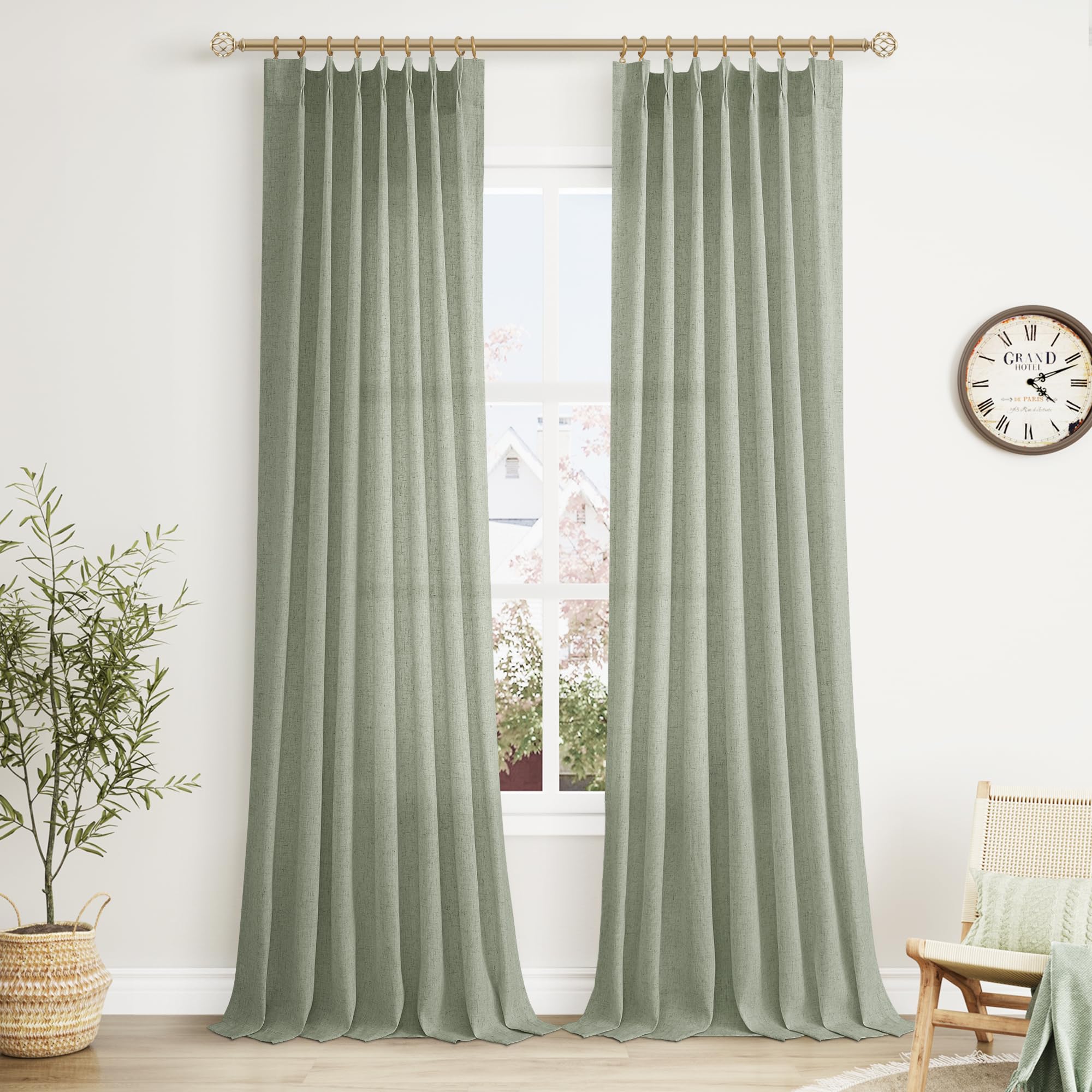 Extra Long Linen Curtains 108 Inch for Living Room Cream Pinch Pleated 9 FT Drapes Semi Sheer Ceiling to Floor Curtain for Bedroom Back Tab Flax Neutral Boho Decor Window, Natural Beige Ivory 2 Panels