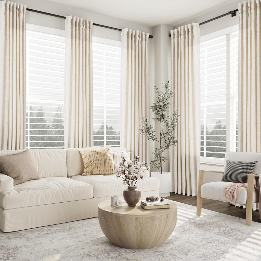 Extra Long Linen Curtains 108 Inch for Living Room Cream Pinch Pleated 9 FT Drapes Semi Sheer Ceiling to Floor Curtain for Bedroom Back Tab Flax Neutral Boho Decor Window, Natural Beige Ivory 2 Panels