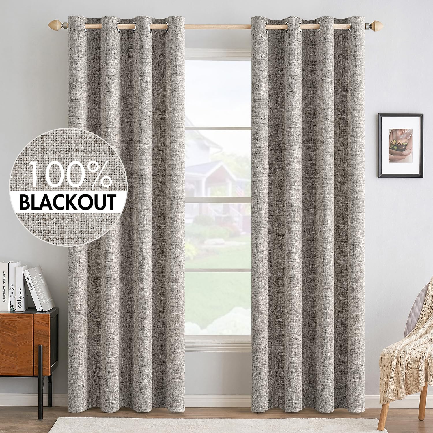 MIULEE 100% Blackout Linen Textured Curtains for Bedroom Solid Thermal Insulated Natural Beige Grommet Room Darkening Curtains & Drapes Luxury Decor for Living Room Nursery 52 x 96 Inch (2 Panels)
