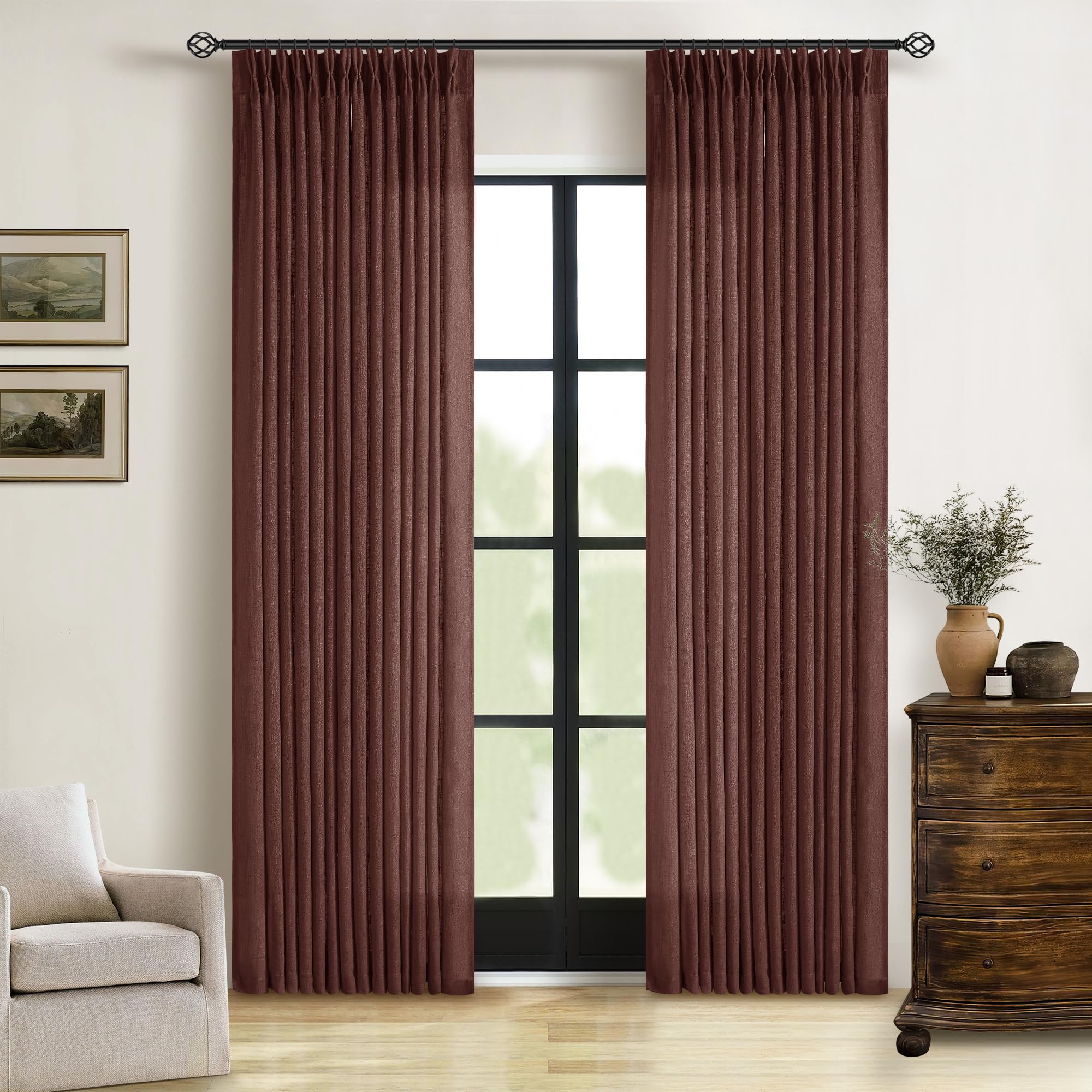 Pinch Pleated Linen Curtains 108 Inches Long for Living Room 2 Panels Set Cream Ivory Flax Double Pleated Drapes Back Tab Neutral Boho Ceiling Floor 108 Inch Window Curtains Bedroom Natural Birch