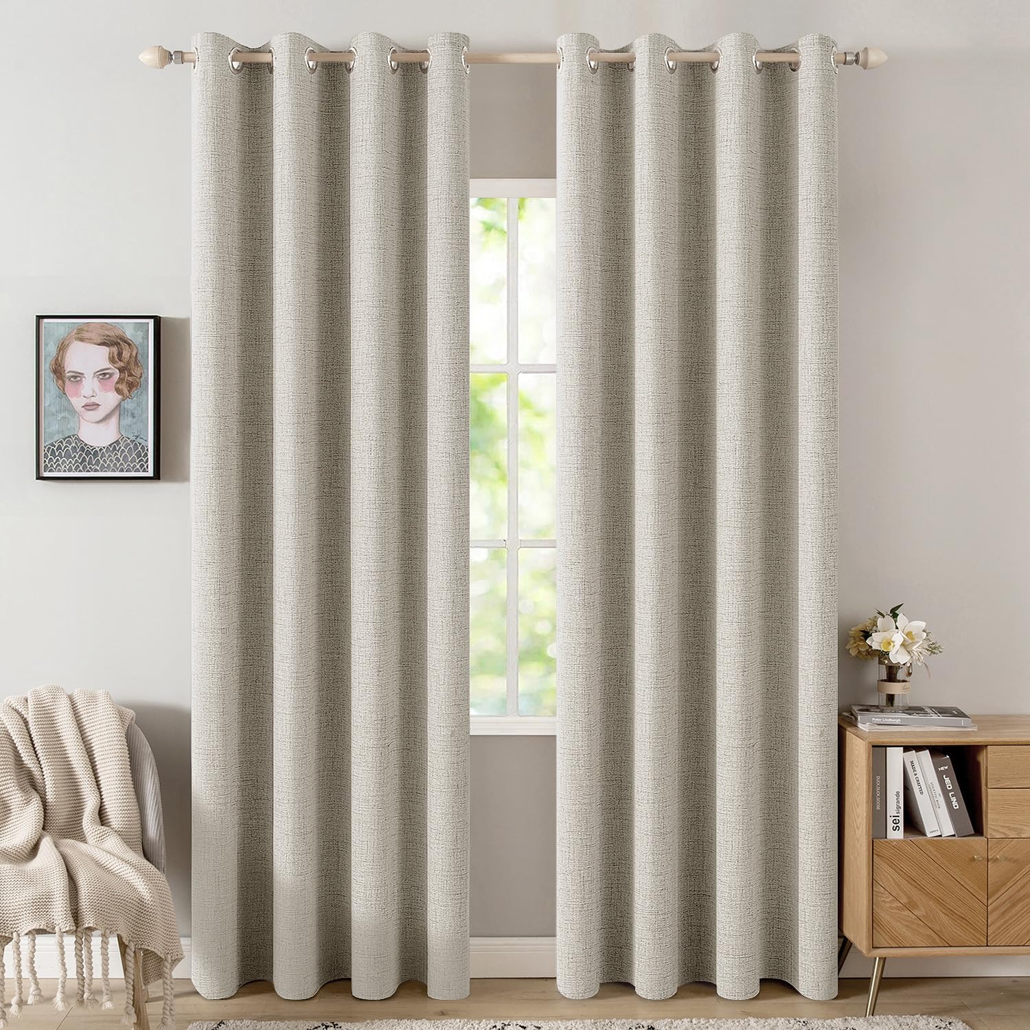 MIULEE 100% Blackout Linen Textured Curtains for Bedroom Solid Thermal Insulated Natural Beige Grommet Room Darkening Curtains & Drapes Luxury Decor for Living Room Nursery 52 x 96 Inch (2 Panels)
