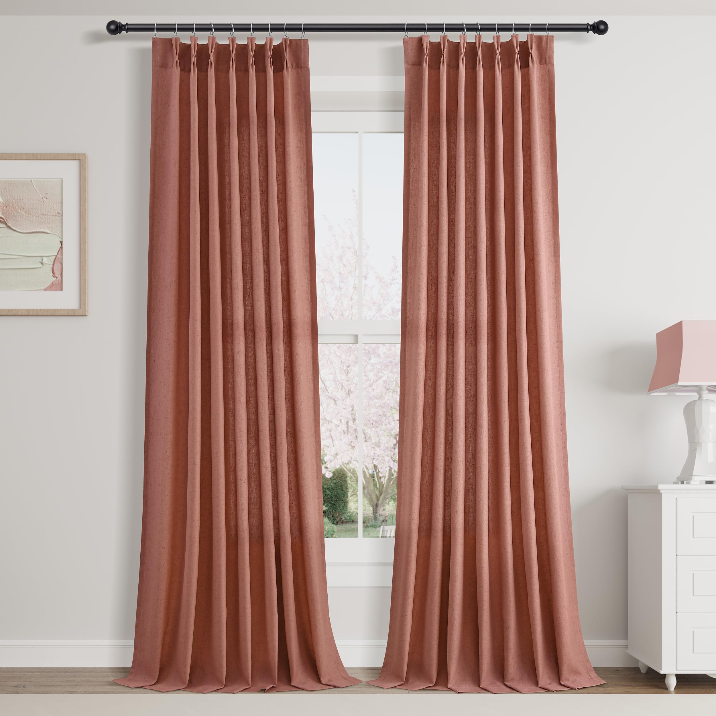 Extra Long Linen Curtains 108 Inch for Living Room Cream Pinch Pleated 9 FT Drapes Semi Sheer Ceiling to Floor Curtain for Bedroom Back Tab Flax Neutral Boho Decor Window, Natural Beige Ivory 2 Panels