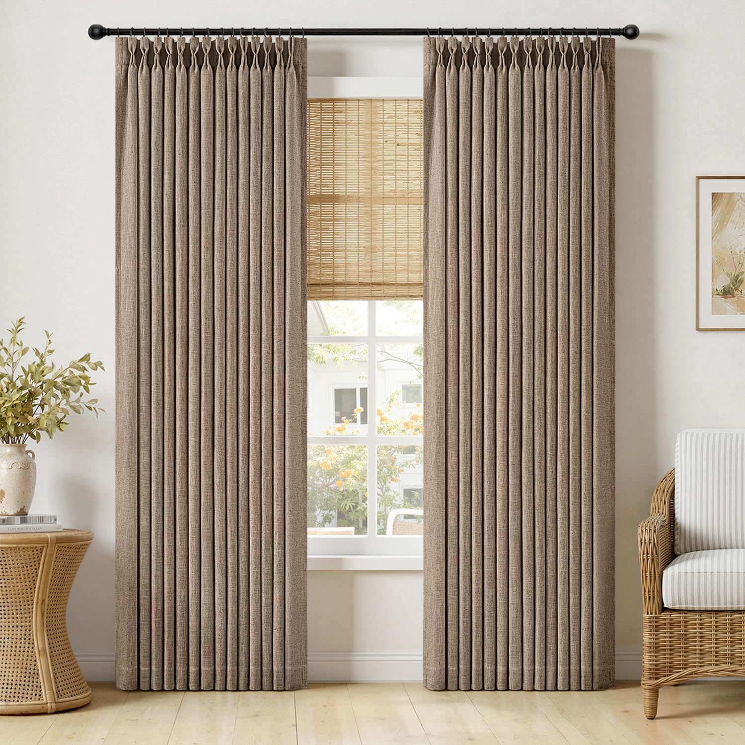 MIULEE Pinch Pleated Thick Linen Curtains 96 Inches Long 2 Panels for Living Room Bedroom, Memory Trained Pleat Drapes Light Filtering Natural Birch Semi Sheer Window Curtains Hooks Rings Back Tab