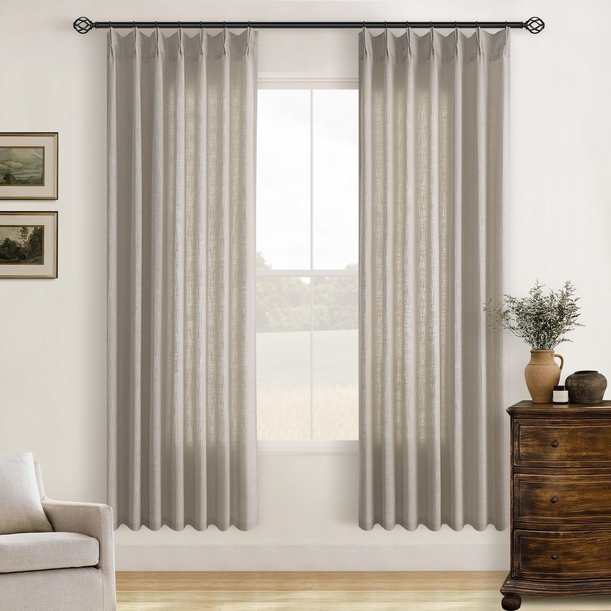Pinch Pleated Linen Curtains 108 Inches Long for Living Room 2 Panels Set Cream Ivory Flax Double Pleated Drapes Back Tab Neutral Boho Ceiling Floor 108 Inch Window Curtains Bedroom Natural Birch