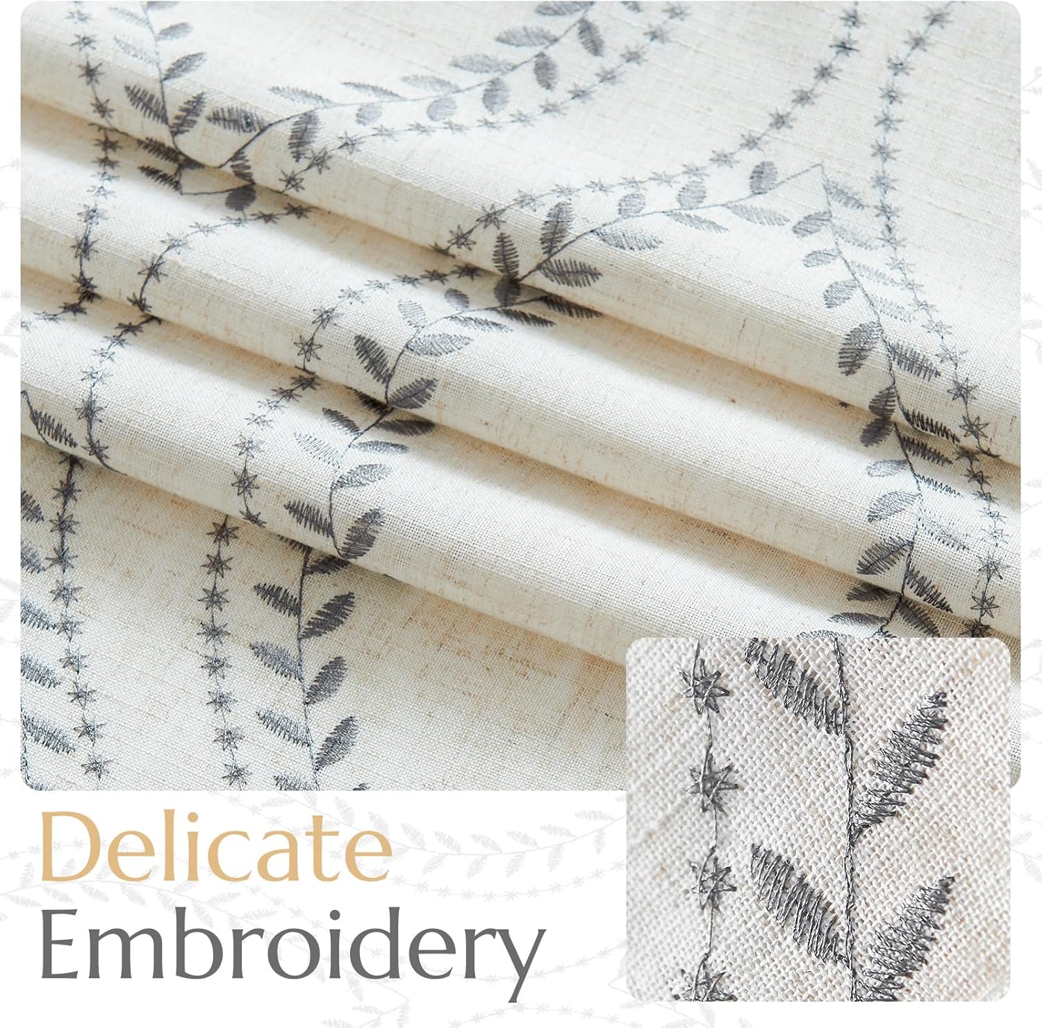 jinchan Boho Linen Blend Curtains Beige Farmhouse Curtains 84 Inches Long Grey Embroidered Leaf Living Room Ogee Geometry Drapes Light Filtering Grommet Country Drapes 2 Panels Gray on Flax