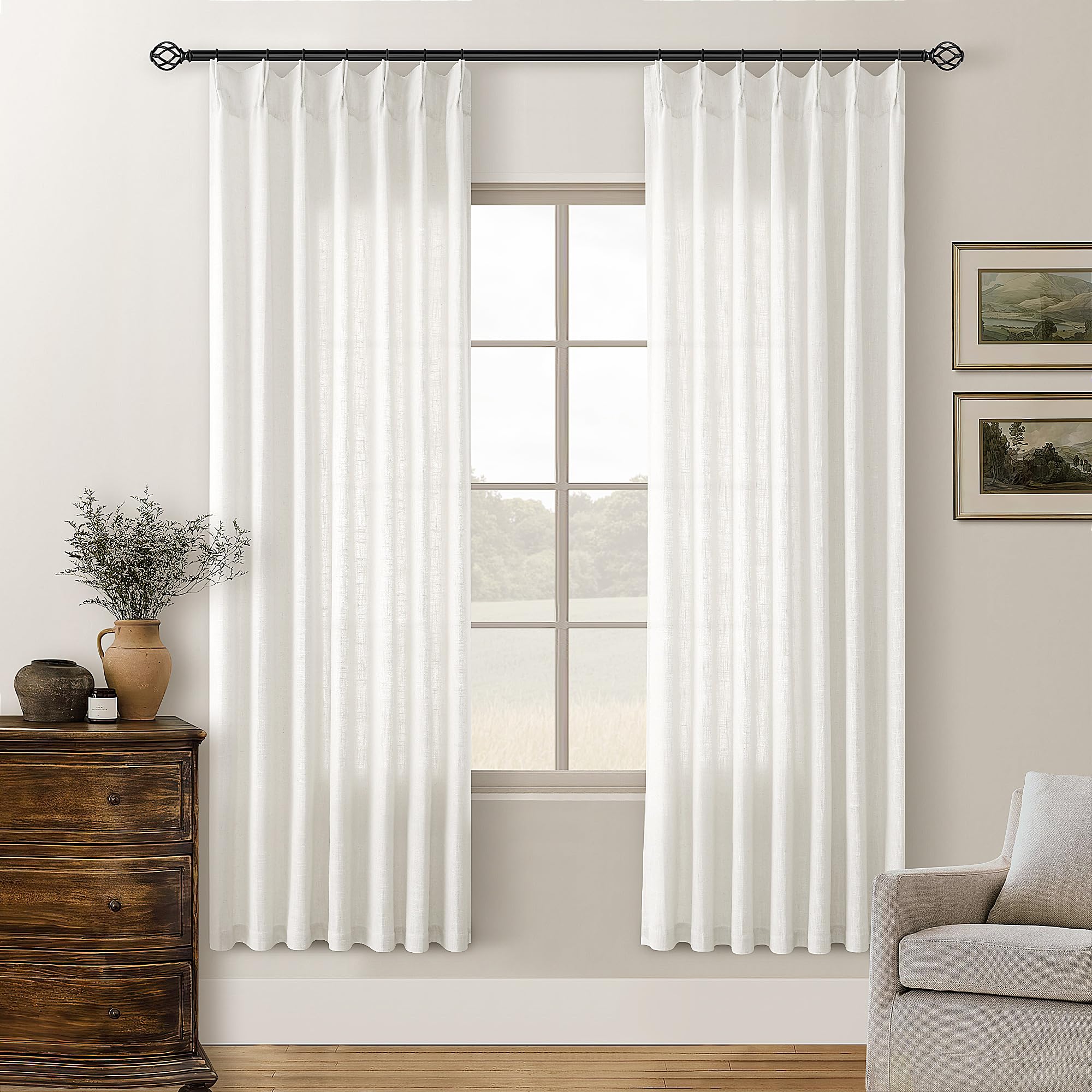 Pinch Pleated Linen Curtains 108 Inches Long for Living Room 2 Panels Set Cream Ivory Flax Double Pleated Drapes Back Tab Neutral Boho Ceiling Floor 108 Inch Window Curtains Bedroom Natural Birch