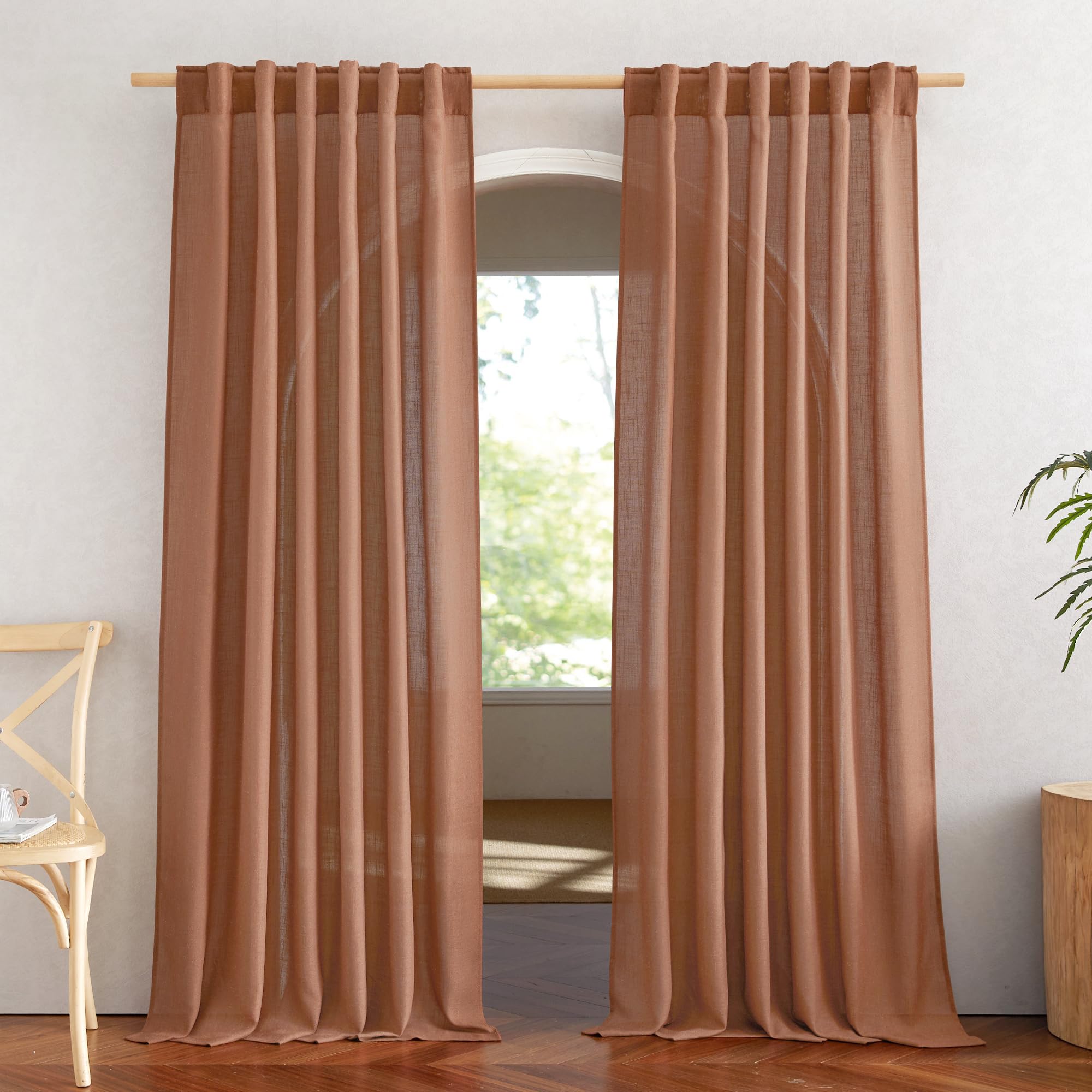 NICETOWN 120 inch Curtains Linen Blend for Bedroom, Rod Pocket & Back Tab Natural Linen Burlap Semi Sheer Window Treatments Privacy with Light Filtering for Living Room, W52 x L120, 2 Panels