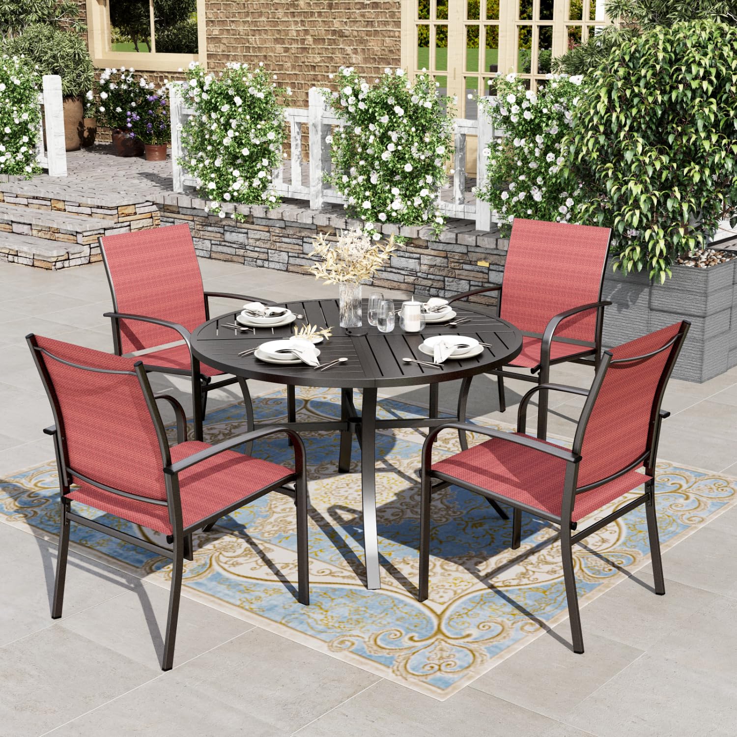HERA'S HOUSE Patio Table and Chairs for 6, 7 Pieces Outdoor Deck Dining Sets, Wood-Like Rectangular Metal Table Set with Chairs for Lawn Garden Backyard, Brown