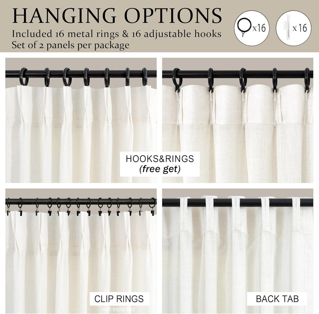 Natural Pinch Pleated Linen Cream Curtains 84 Inch Length 2 Panels for Living Room Bedroom Ivory Semi Sheer Light Filtering Modern Farmhouse Boho Neutral Rustic Long Drapes Back Tab Pleat Hooks Rings