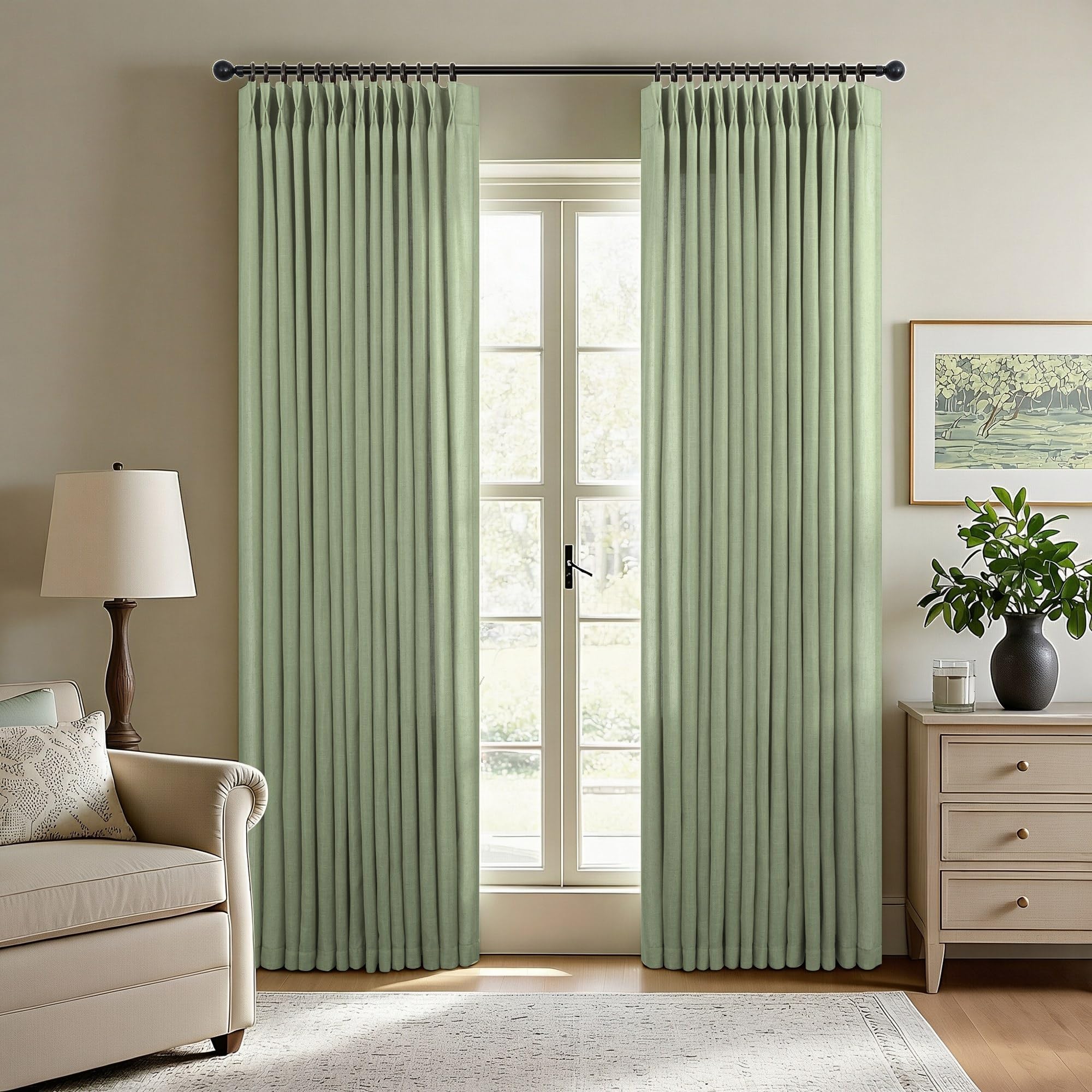 Natural Pinch Pleated Linen Cream Curtains 84 Inch Length 2 Panels for Living Room Bedroom Ivory Semi Sheer Light Filtering Modern Farmhouse Boho Neutral Rustic Long Drapes Back Tab Pleat Hooks Rings