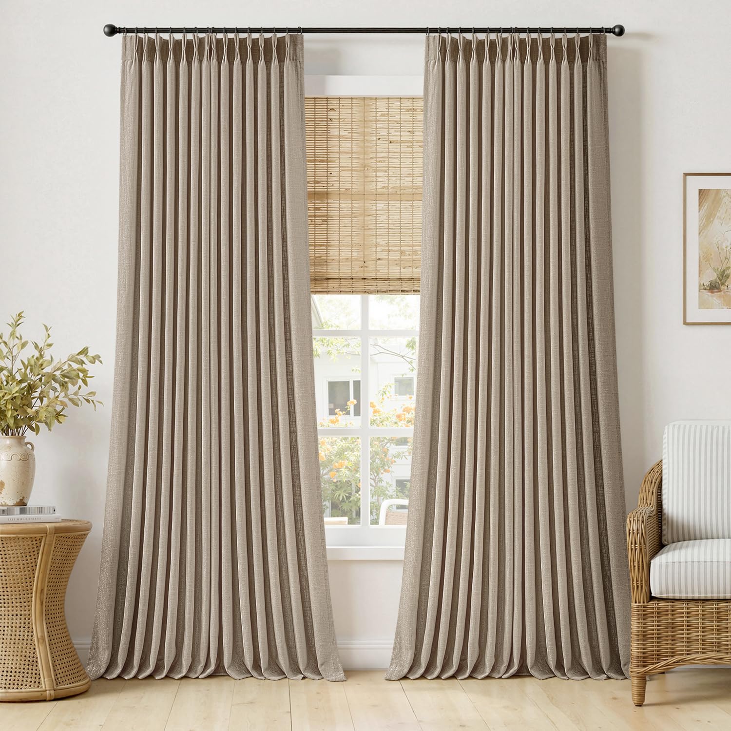 MIULEE Pinch Pleated Thick Linen Curtains 96 Inches Long 2 Panels for Living Room Bedroom, Memory Trained Pleat Drapes Light Filtering Natural Birch Semi Sheer Window Curtains Hooks Rings Back Tab