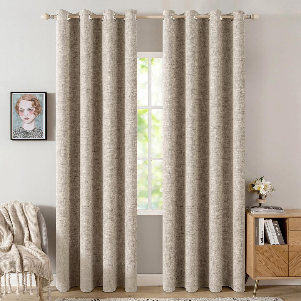 MIULEE 100% Blackout Linen Textured Curtains for Bedroom Solid Thermal Insulated Natural Beige Grommet Room Darkening Curtains & Drapes Luxury Decor for Living Room Nursery 52 x 96 Inch (2 Panels)