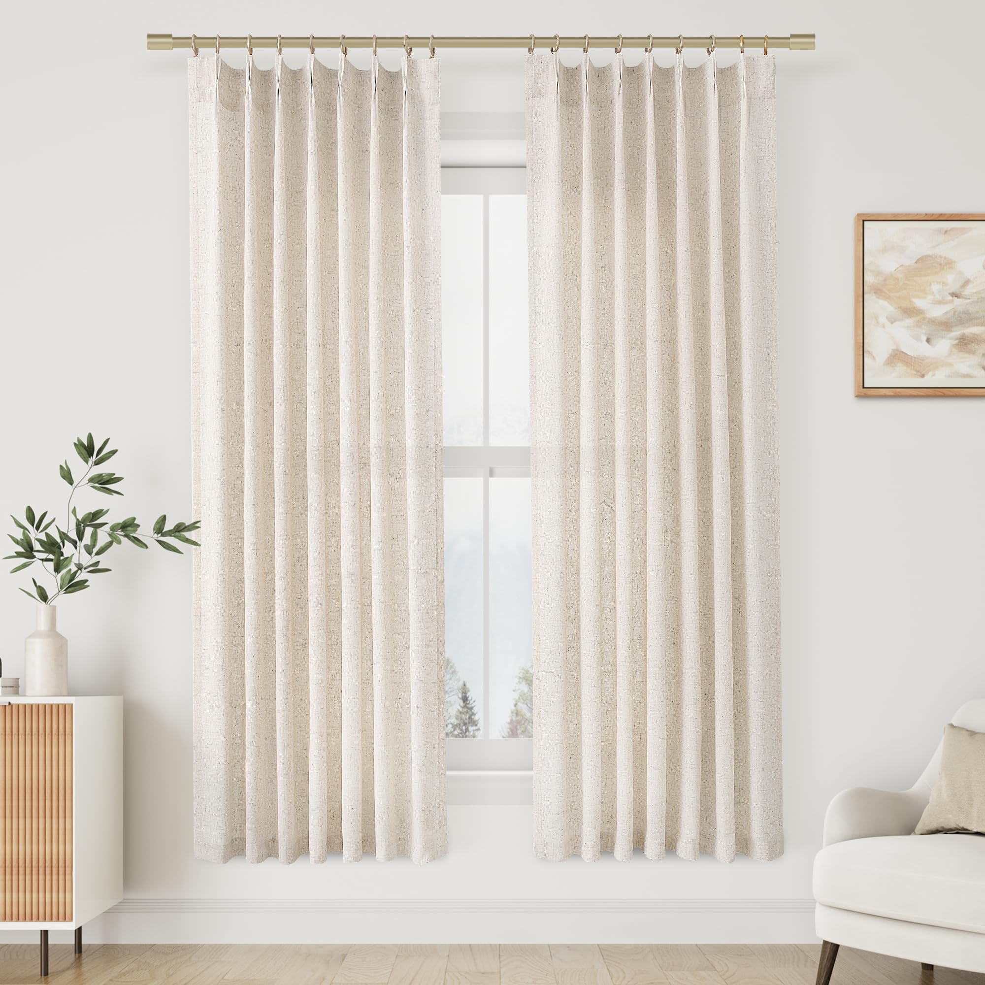 Extra Long Linen Curtains 108 Inch for Living Room Cream Pinch Pleated 9 FT Drapes Semi Sheer Ceiling to Floor Curtain for Bedroom Back Tab Flax Neutral Boho Decor Window, Natural Beige Ivory 2 Panels