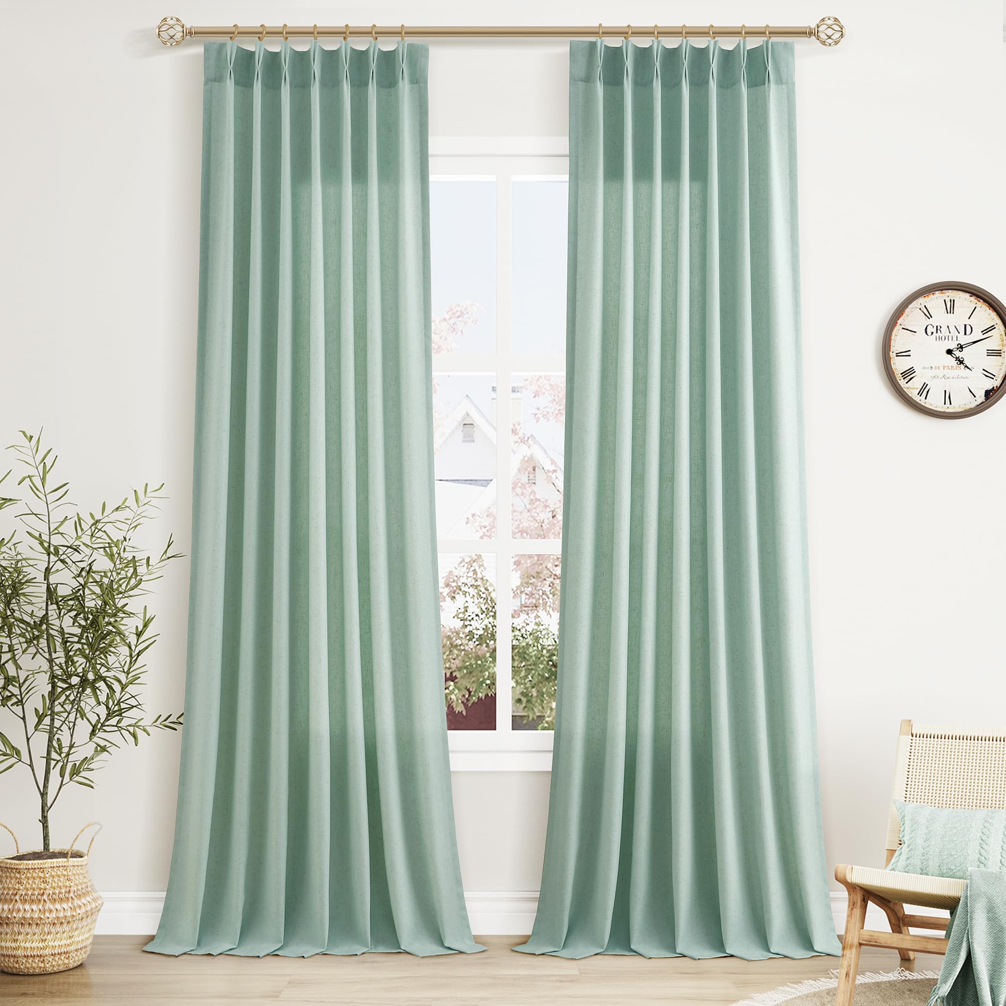 Extra Long Linen Curtains 108 Inch for Living Room Cream Pinch Pleated 9 FT Drapes Semi Sheer Ceiling to Floor Curtain for Bedroom Back Tab Flax Neutral Boho Decor Window, Natural Beige Ivory 2 Panels