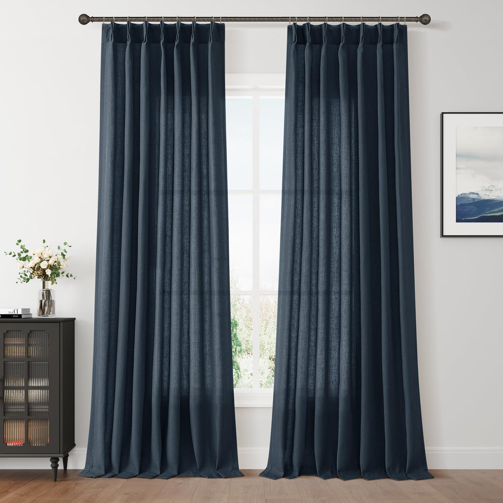 Extra Long Linen Curtains 108 Inch for Living Room Cream Pinch Pleated 9 FT Drapes Semi Sheer Ceiling to Floor Curtain for Bedroom Back Tab Flax Neutral Boho Decor Window, Natural Beige Ivory 2 Panels