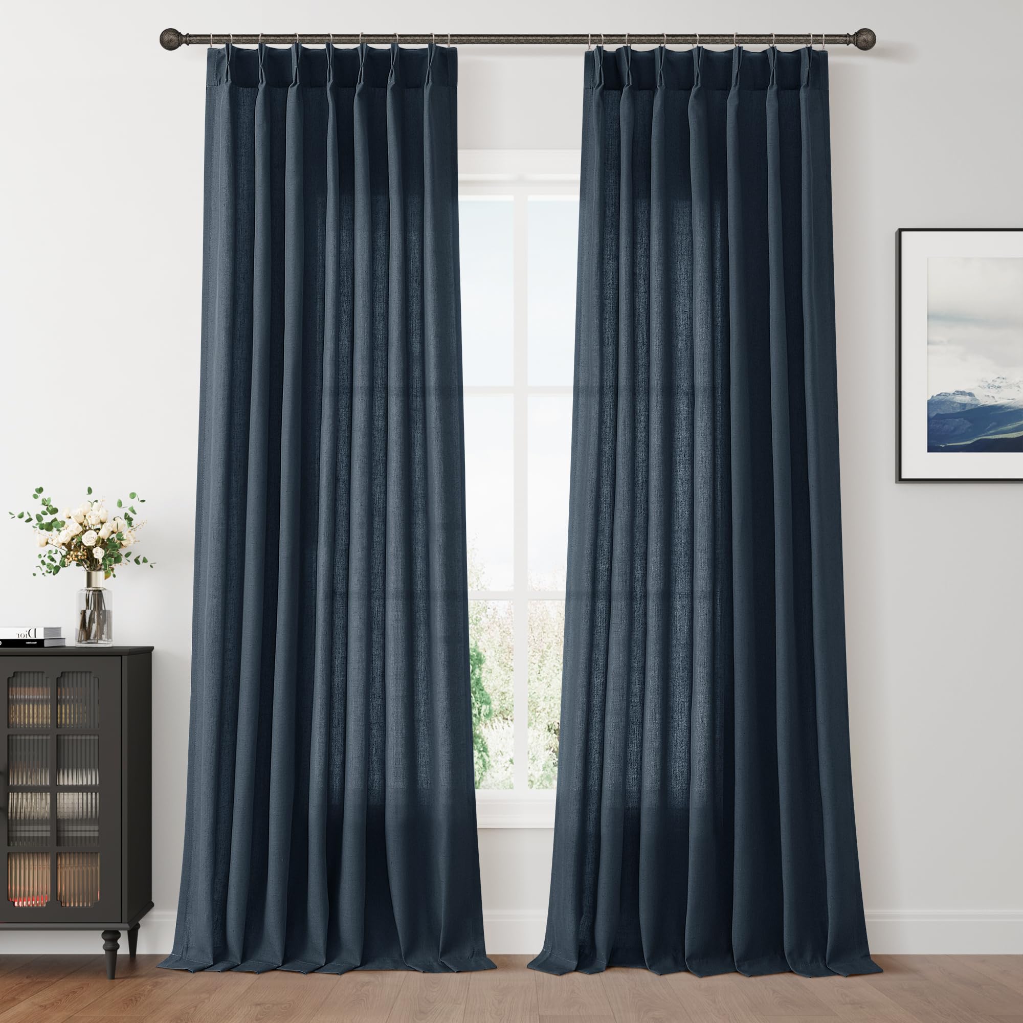 Extra Long Linen Curtains 108 Inch for Living Room Cream Pinch Pleated 9 FT Drapes Semi Sheer Ceiling to Floor Curtain for Bedroom Back Tab Flax Neutral Boho Decor Window, Natural Beige Ivory 2 Panels
