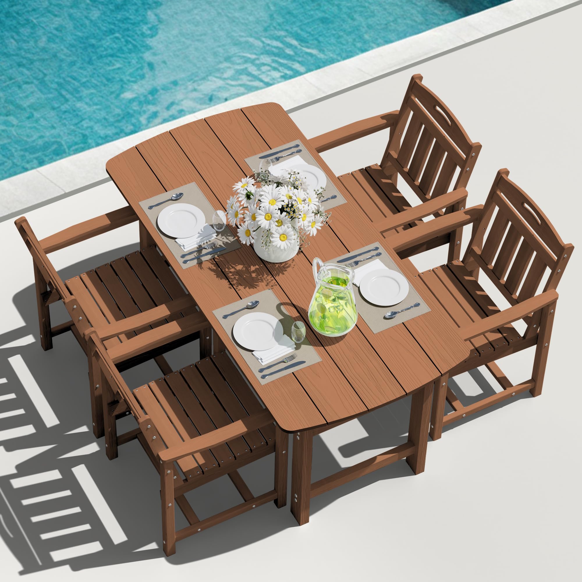 HDPE Outdoor Dining Set, Patio Table and Chairs Set, All-Weather 7-Piece Outside Table and 6 Chairs, 2" Umbrella Hole, Outdoor Furniture for Garden, Poolside, Backyard, Deck | Black