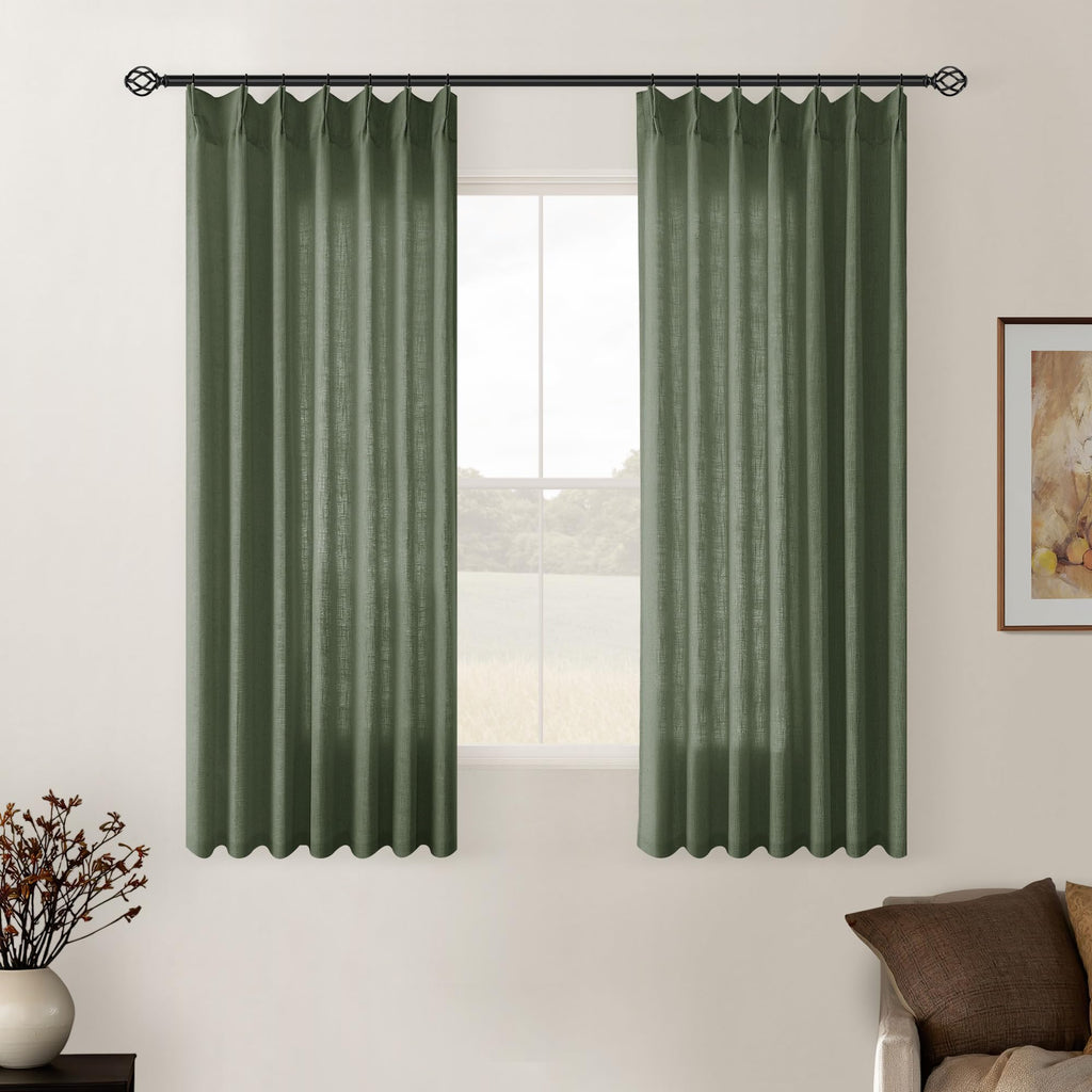 Pinch Pleated Linen Curtains 108 Inches Long for Living Room 2 Panels Set Cream Ivory Flax Double Pleated Drapes Back Tab Neutral Boho Ceiling Floor 108 Inch Window Curtains Bedroom Natural Birch