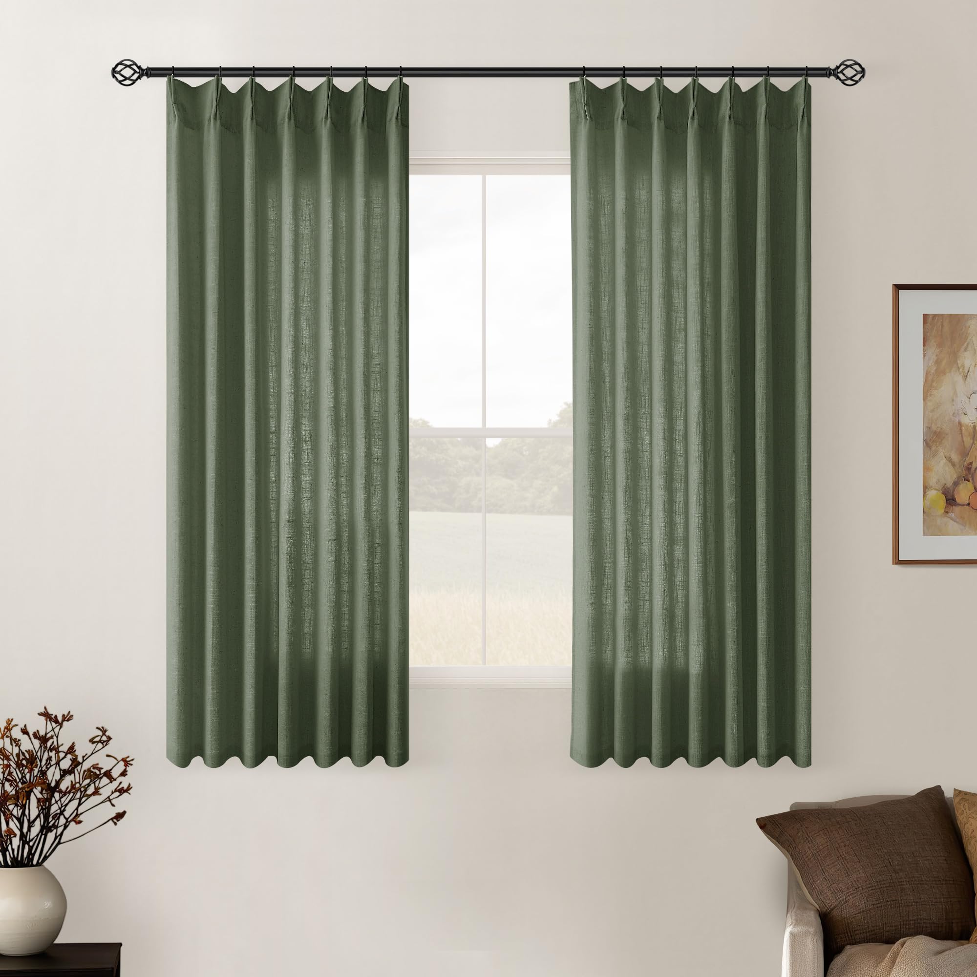 Pinch Pleated Linen Curtains 108 Inches Long for Living Room 2 Panels Set Cream Ivory Flax Double Pleated Drapes Back Tab Neutral Boho Ceiling Floor 108 Inch Window Curtains Bedroom Natural Birch