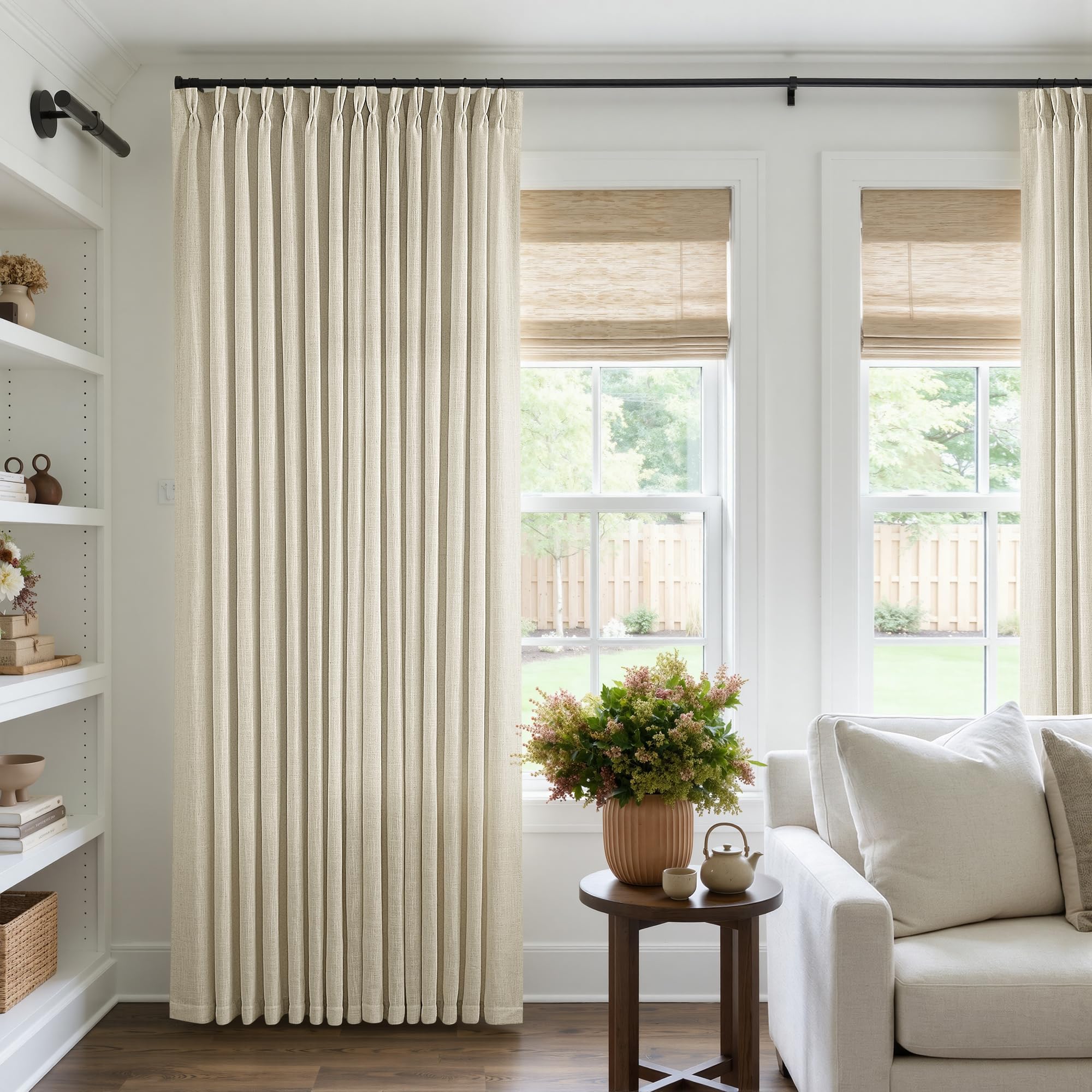 Pinch Pleated Linen Curtains 108 Inches Long for Living Room 2 Panels Set Cream Ivory Flax Double Pleated Drapes Back Tab Neutral Boho Ceiling Floor 108 Inch Window Curtains Bedroom Natural Birch