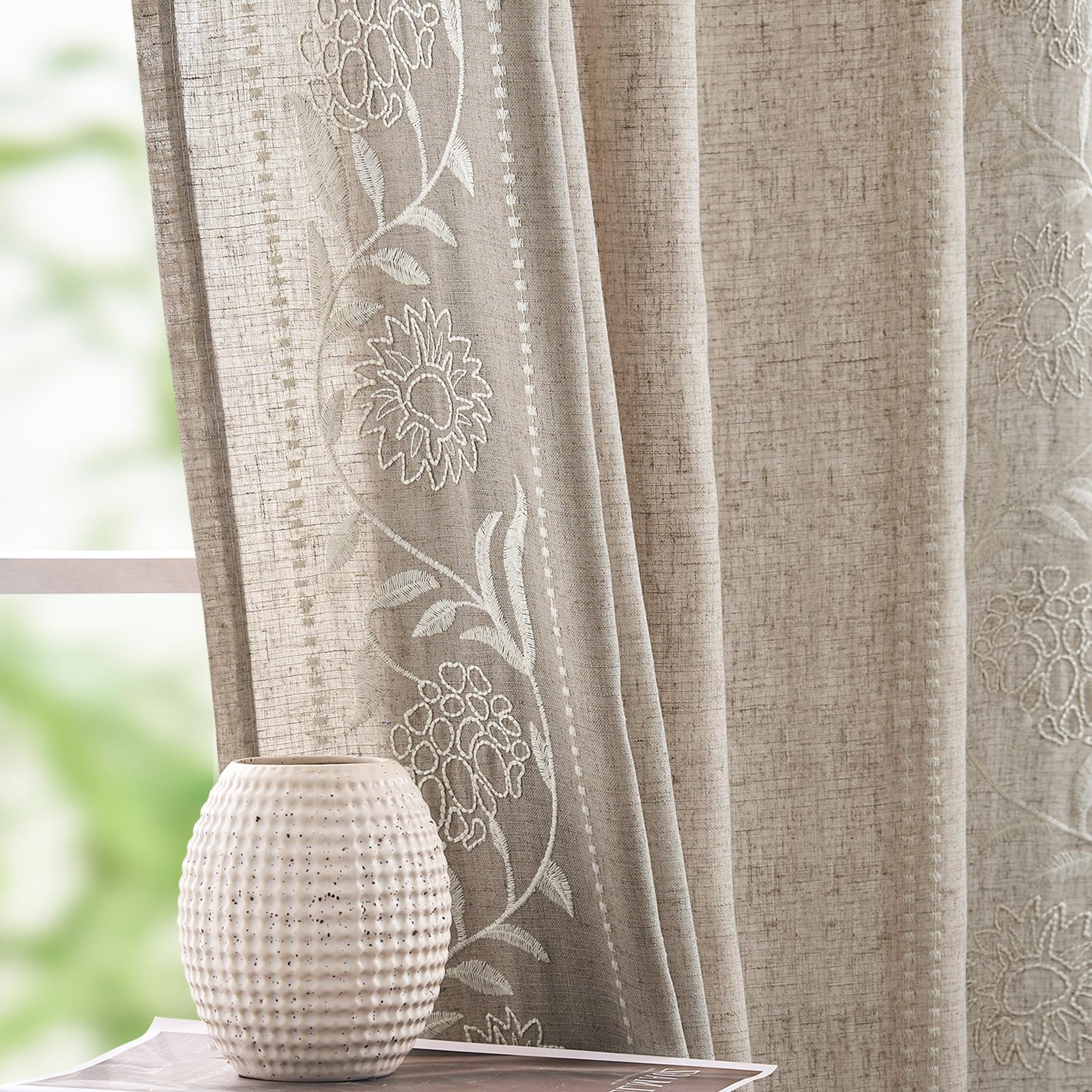 jinchan Winslow Linen Curtains for Bedroom 84 Inches Length Embroidered Bordered Floral Curtains for Living Room Farmhouse Decor Light Filtering Window Treatments Ivory on Beige Drapes 2 Panels