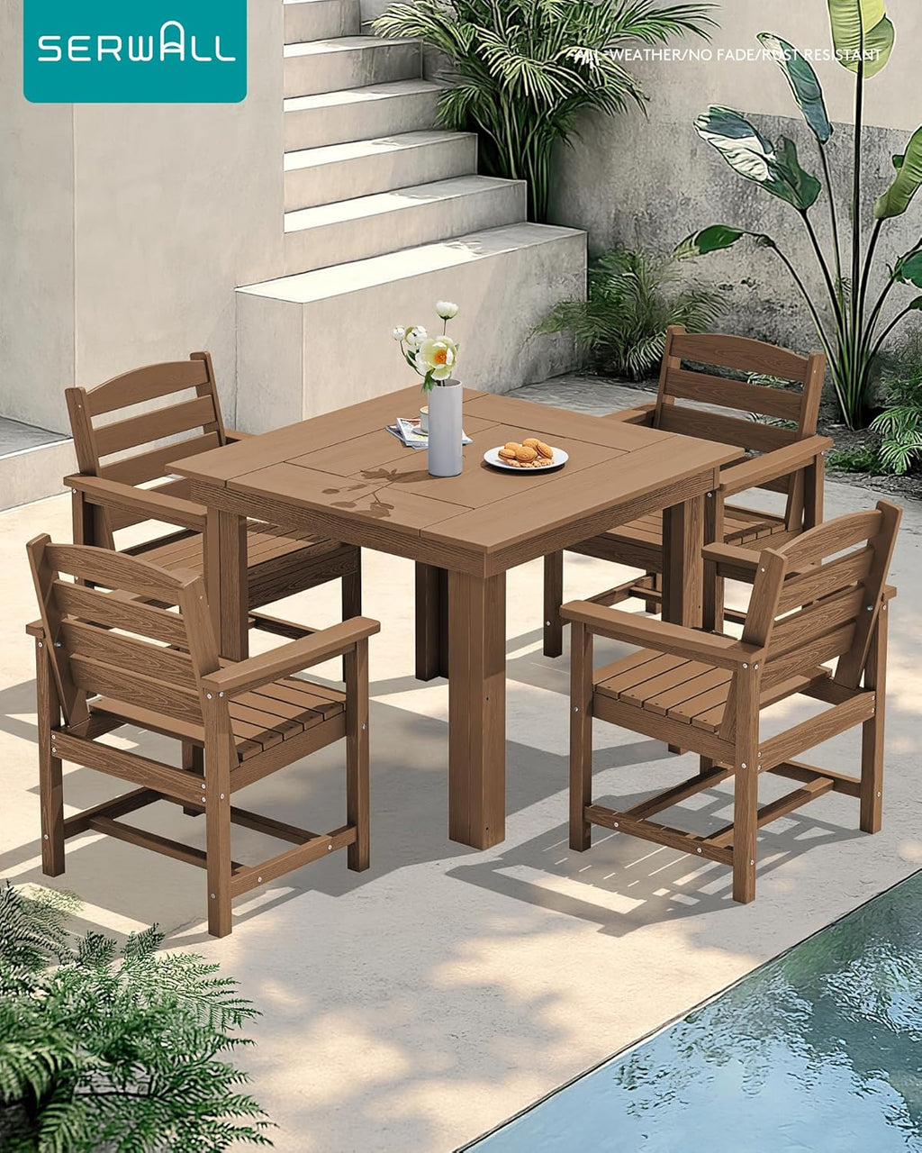 SERWALL Outdoor Dining Set for 4, HDPE Square Table and Chairs Set All Weather Patio Dining Set with 4 Classic Dining Chairs, 5-Piece Patio Dining Furniture for Deck, Brown