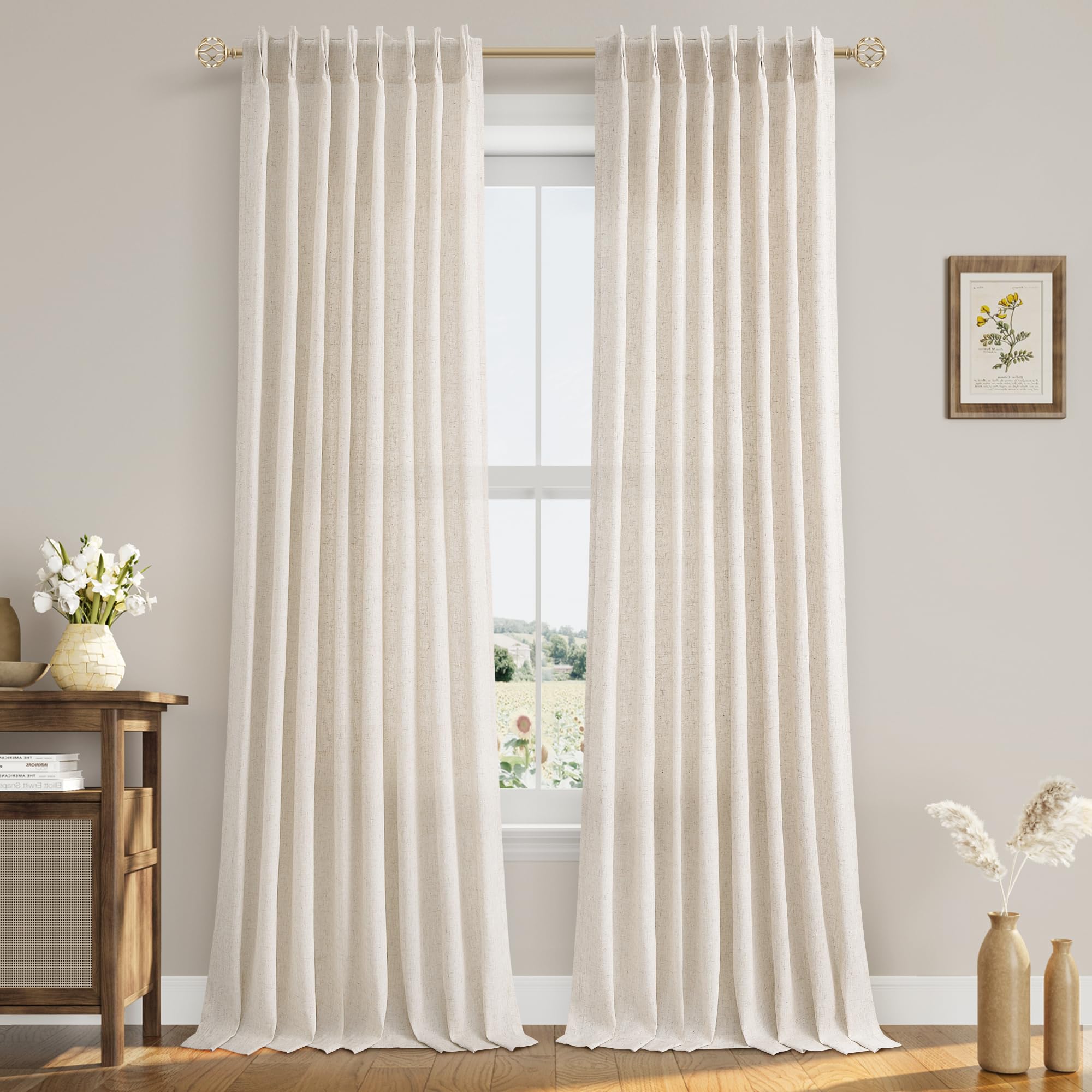 Extra Long Linen Curtains 108 Inch for Living Room Cream Pinch Pleated 9 FT Drapes Semi Sheer Ceiling to Floor Curtain for Bedroom Back Tab Flax Neutral Boho Decor Window, Natural Beige Ivory 2 Panels