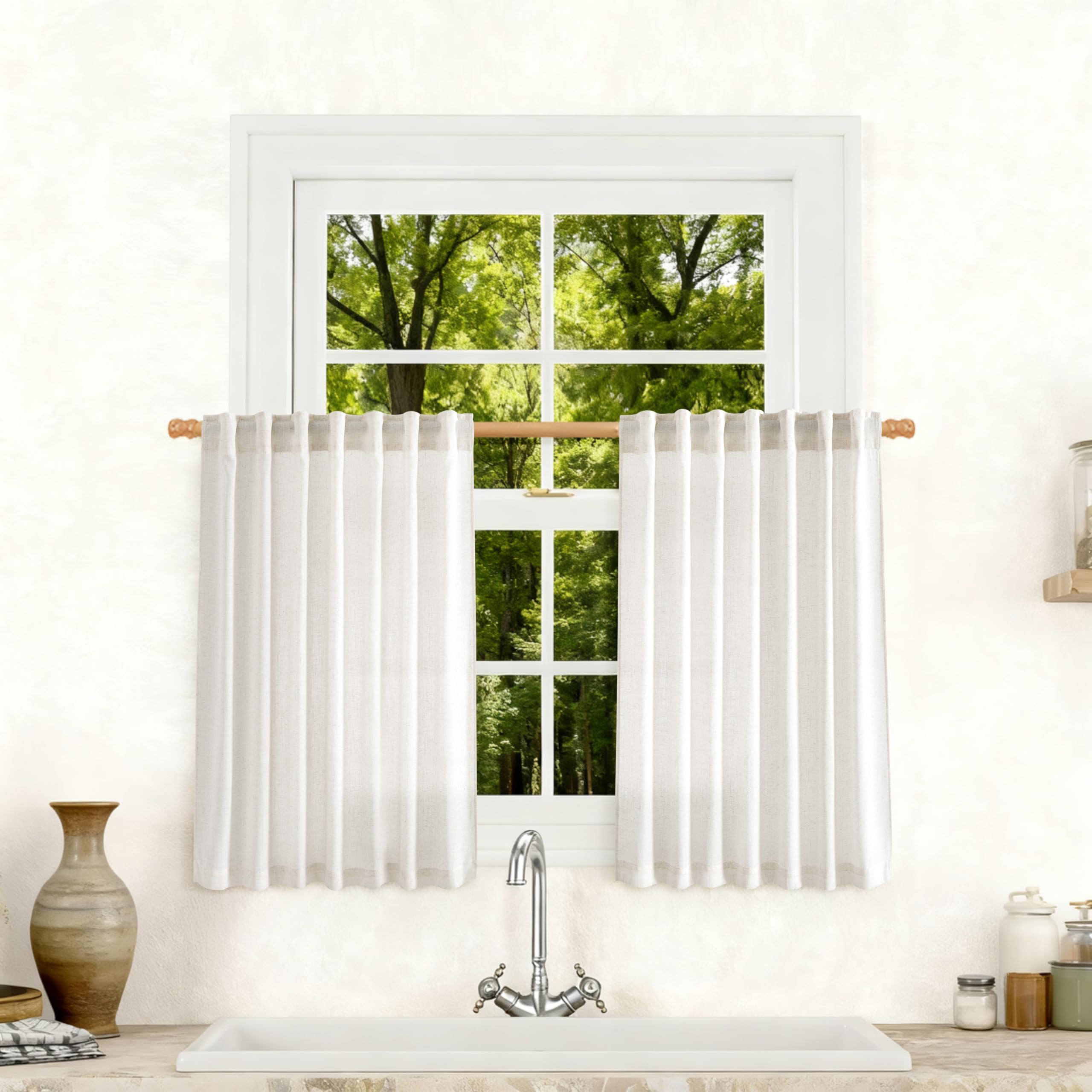 Flax Linen Beige Curtains 96 inches Long 2 Panel for Living Room Back Tab Pocket Drapes Semi Sheer Privacy Khaki Window Curtain Country Rustic Farmhouse Cloth Curtain for Dinning Room Tan