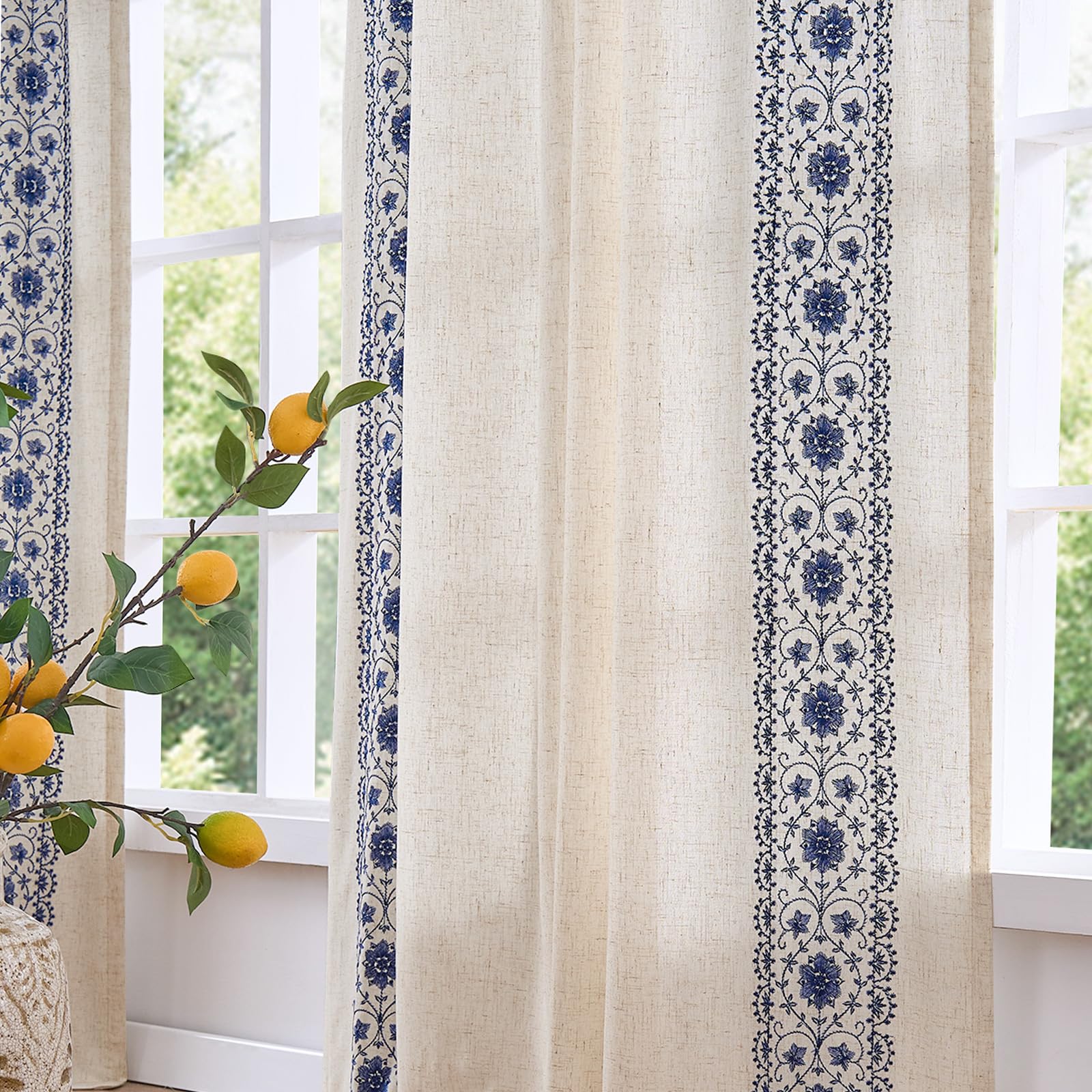jinchan Weslie Boho Curtains for Bedroom Ivory Vintage Floral Farmhouse Curtains 84 Inches Long Linen Drapes for Living Room Embroidered Light Filtering Drapes Rod Pocket Ivory on Beige 2 Panels