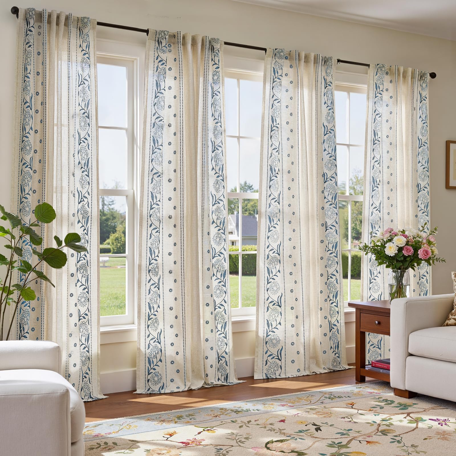 jinchan Winslow Linen Curtains for Bedroom 84 Inches Length Embroidered Bordered Floral Curtains for Living Room Farmhouse Decor Light Filtering Window Treatments Ivory on Beige Drapes 2 Panels