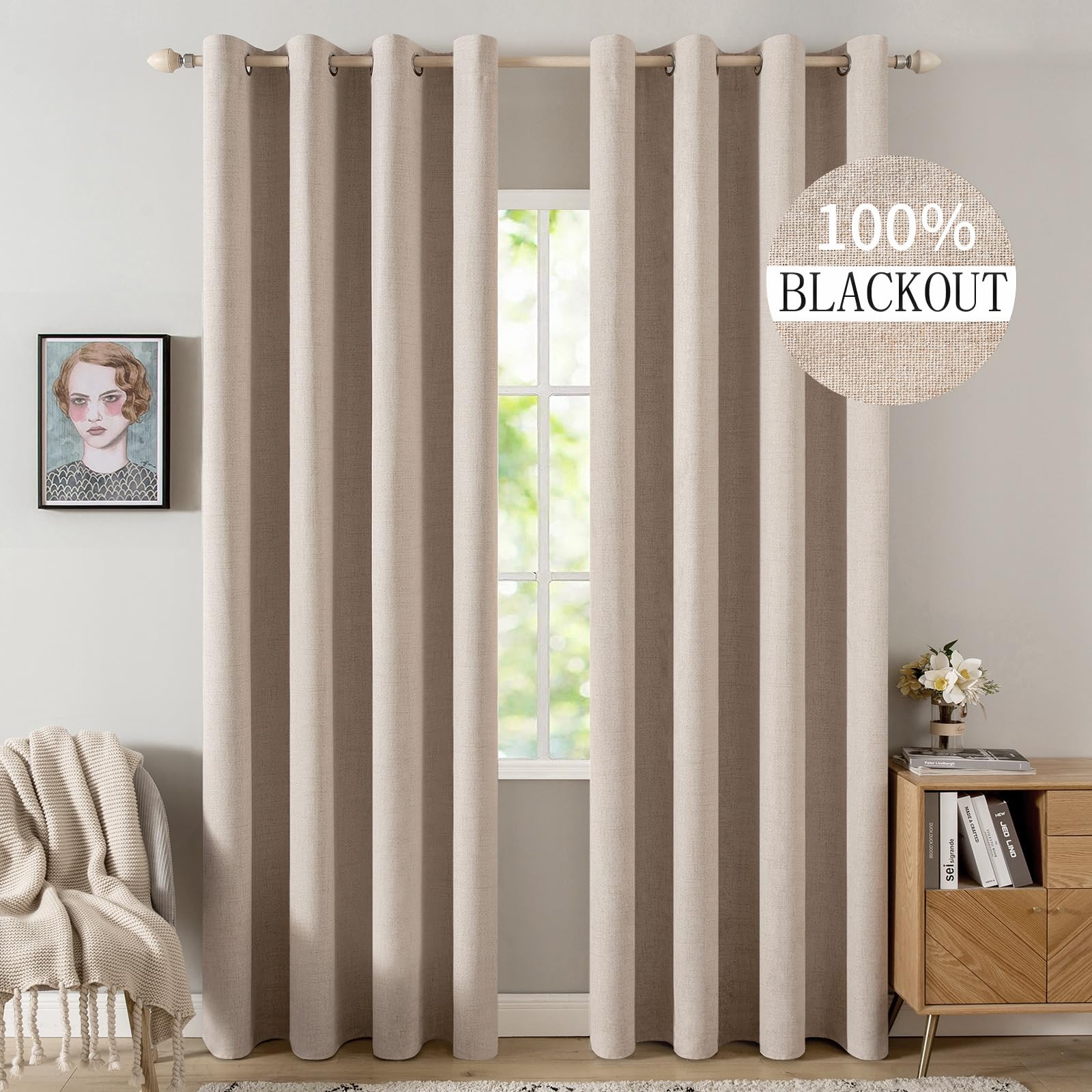 MIULEE 100% Blackout Linen Textured Curtains for Bedroom Solid Thermal Insulated Natural Beige Grommet Room Darkening Curtains & Drapes Luxury Decor for Living Room Nursery 52 x 96 Inch (2 Panels)