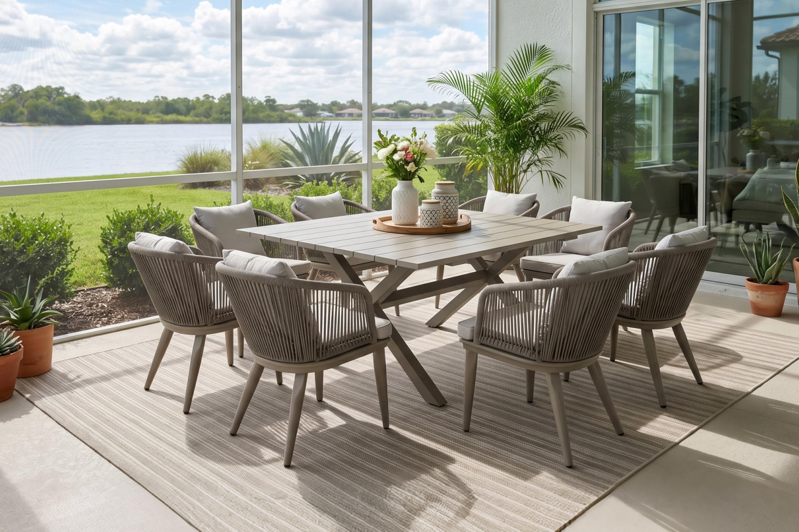 PURPLE LEAF 9 Pieces Patio Dining Set Wicker Outdoor Furniture Rectangular Table and Chairs Set for Garden Deck Teak-Finish Aluminum Frame Backyard Kitchen Set, Cushions and Pillows Included