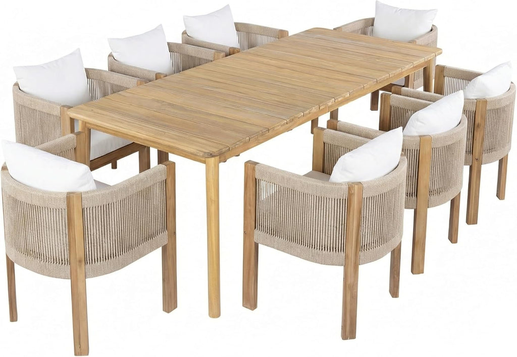 Christopher Knight Home Matera 9-Piece Acacia Wood Outdoor Dining Set for 8, Light Teak Frame with Beige Removable Cushions
