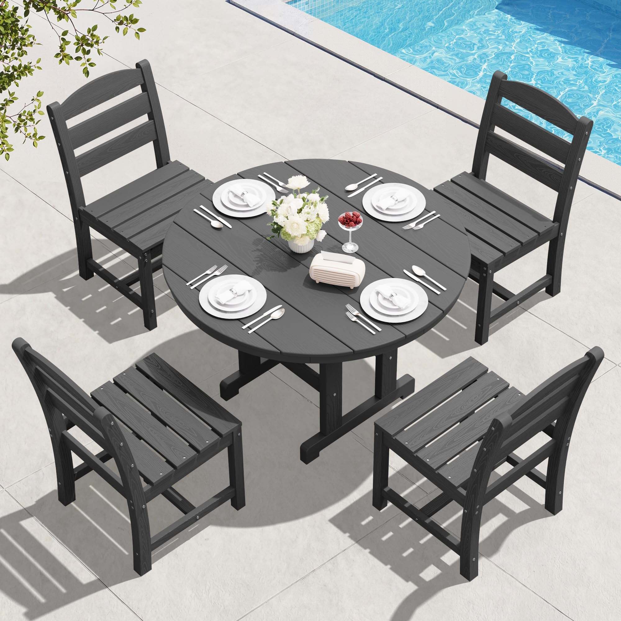 SERWALL 5-Piece Patio Dining Sets, HDPE Outdoor Table and Chairs Furniture Set, 45" Round Dining Table and 4 Dining Chairs, Gray