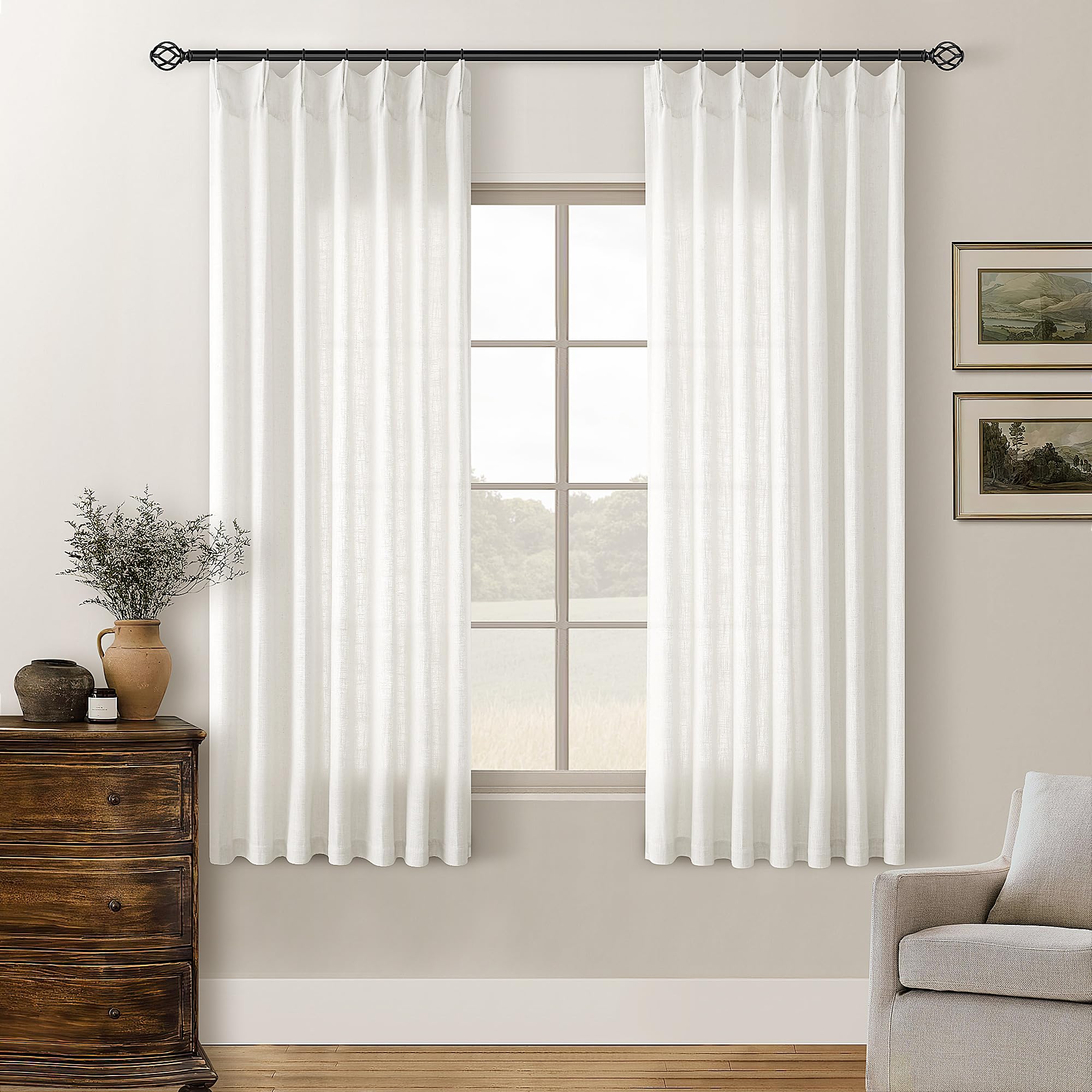 Pinch Pleated Linen Curtains 108 Inches Long for Living Room 2 Panels Set Cream Ivory Flax Double Pleated Drapes Back Tab Neutral Boho Ceiling Floor 108 Inch Window Curtains Bedroom Natural Birch