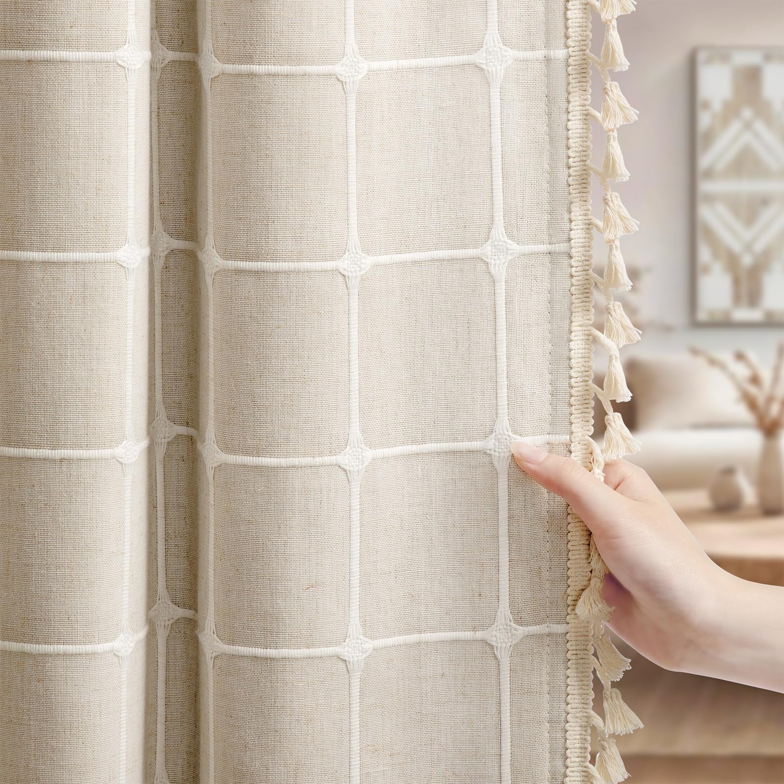 Boho Blackout Curtains 2 Panels 84 Inch for Living Room Bedroom, Beige Linen Texture Farmhouse Curtains with Tassels and Cotton Embroidery Vintage Rustic Western Rod Pocket