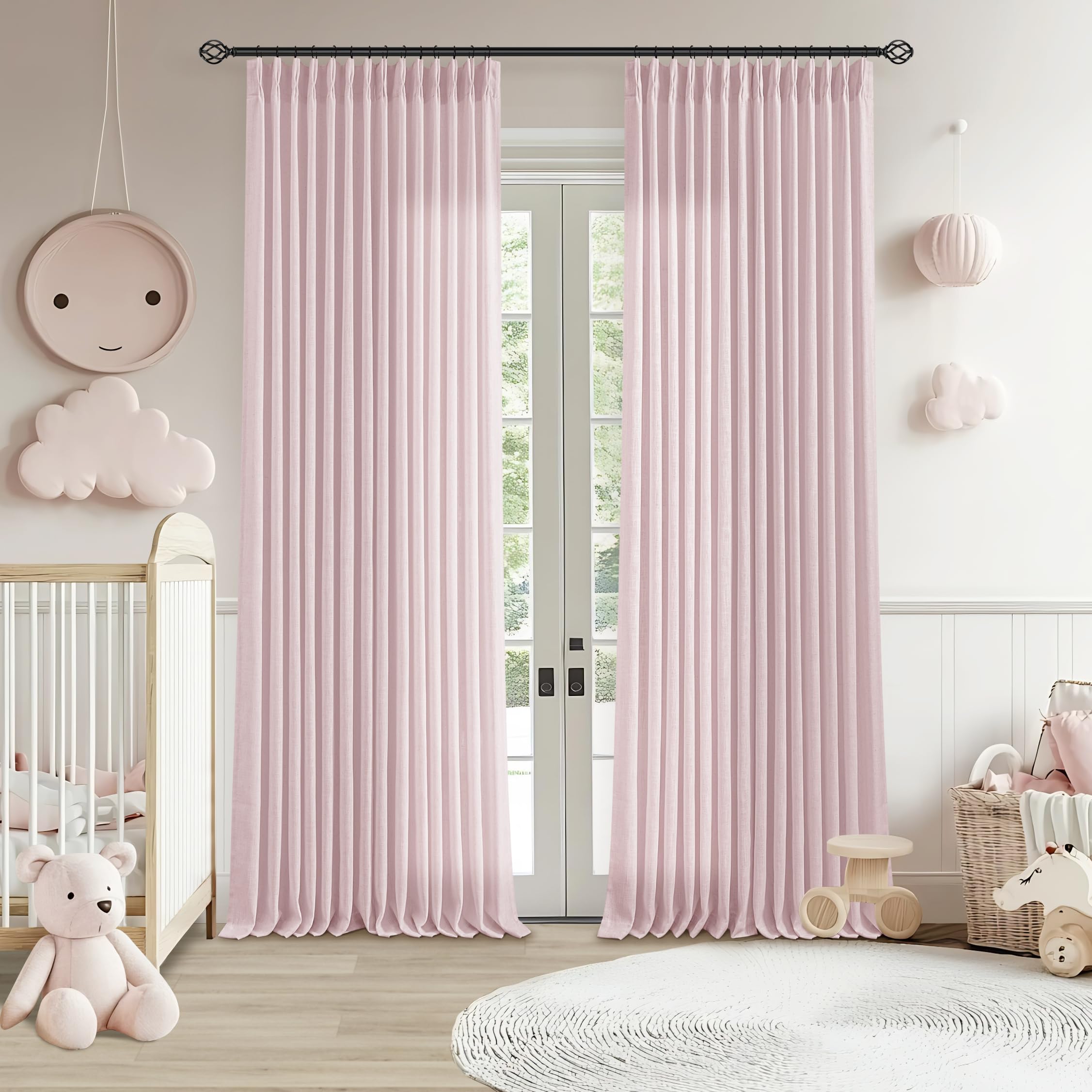 Pinch Pleated Linen Curtains 108 Inches Long for Living Room 2 Panels Set Cream Ivory Flax Double Pleated Drapes Back Tab Neutral Boho Ceiling Floor 108 Inch Window Curtains Bedroom Natural Birch