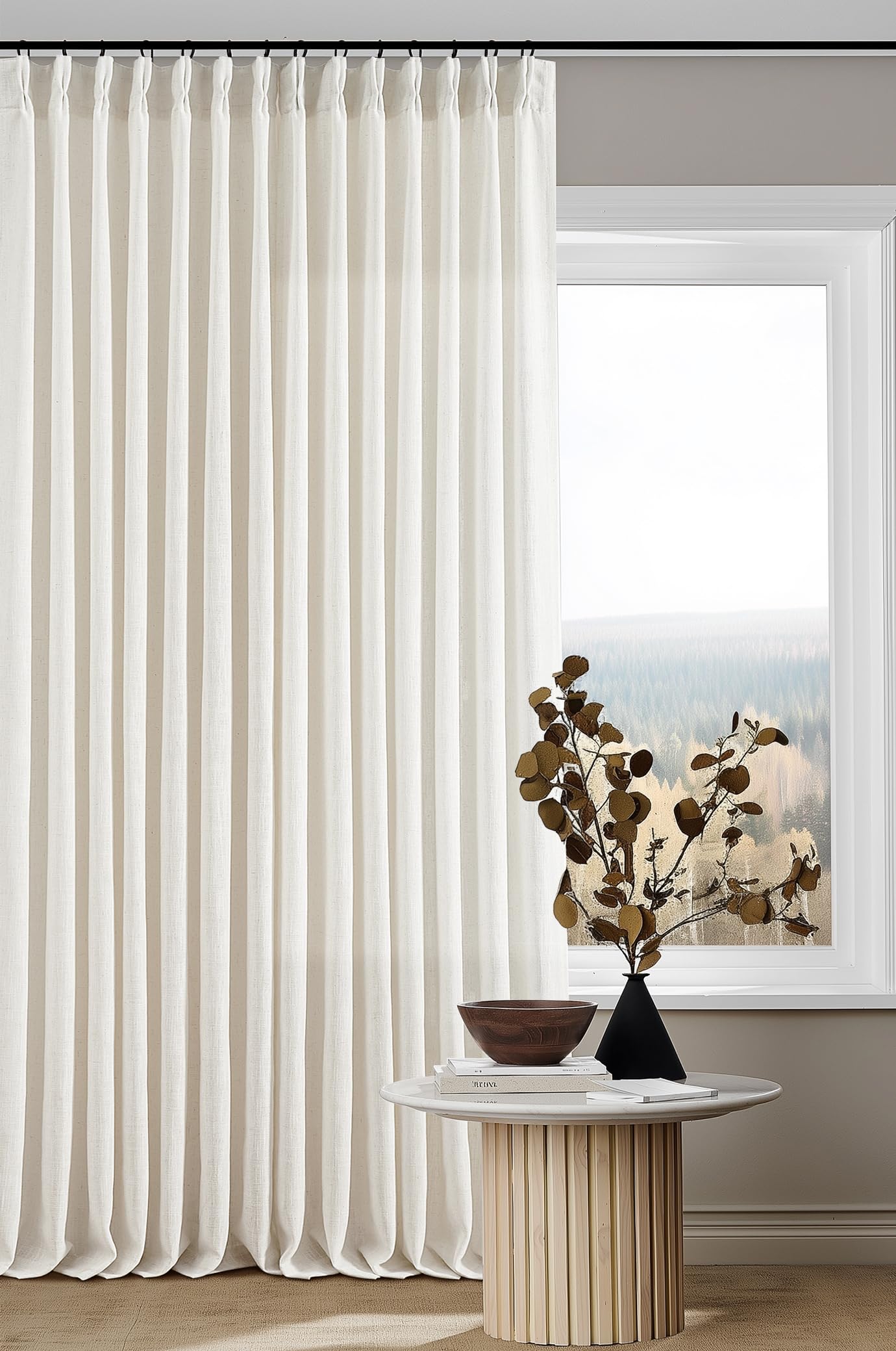 Pinch Pleated Linen Curtains 108 Inches Long for Living Room 2 Panels Set Cream Ivory Flax Double Pleated Drapes Back Tab Neutral Boho Ceiling Floor 108 Inch Window Curtains Bedroom Natural Birch