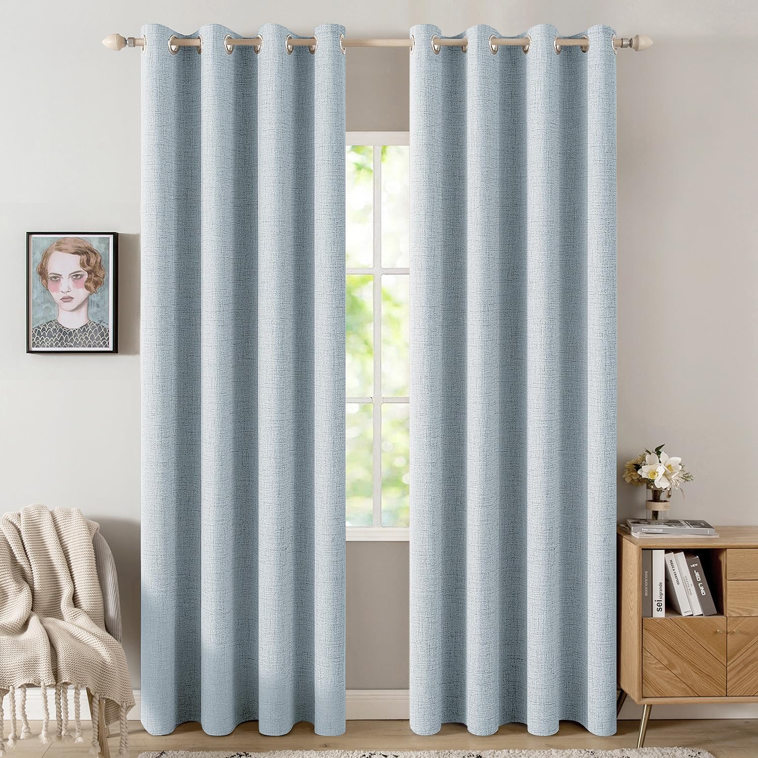 MIULEE Linen Texture Curtains for Bedroom Solid 100% Blackout Thermal Insulated Dusty Blue Curtains Grommet Room Darkening Drapes Luxury Decor for Living Room Nursery 52x84 Inch (2 Panels)